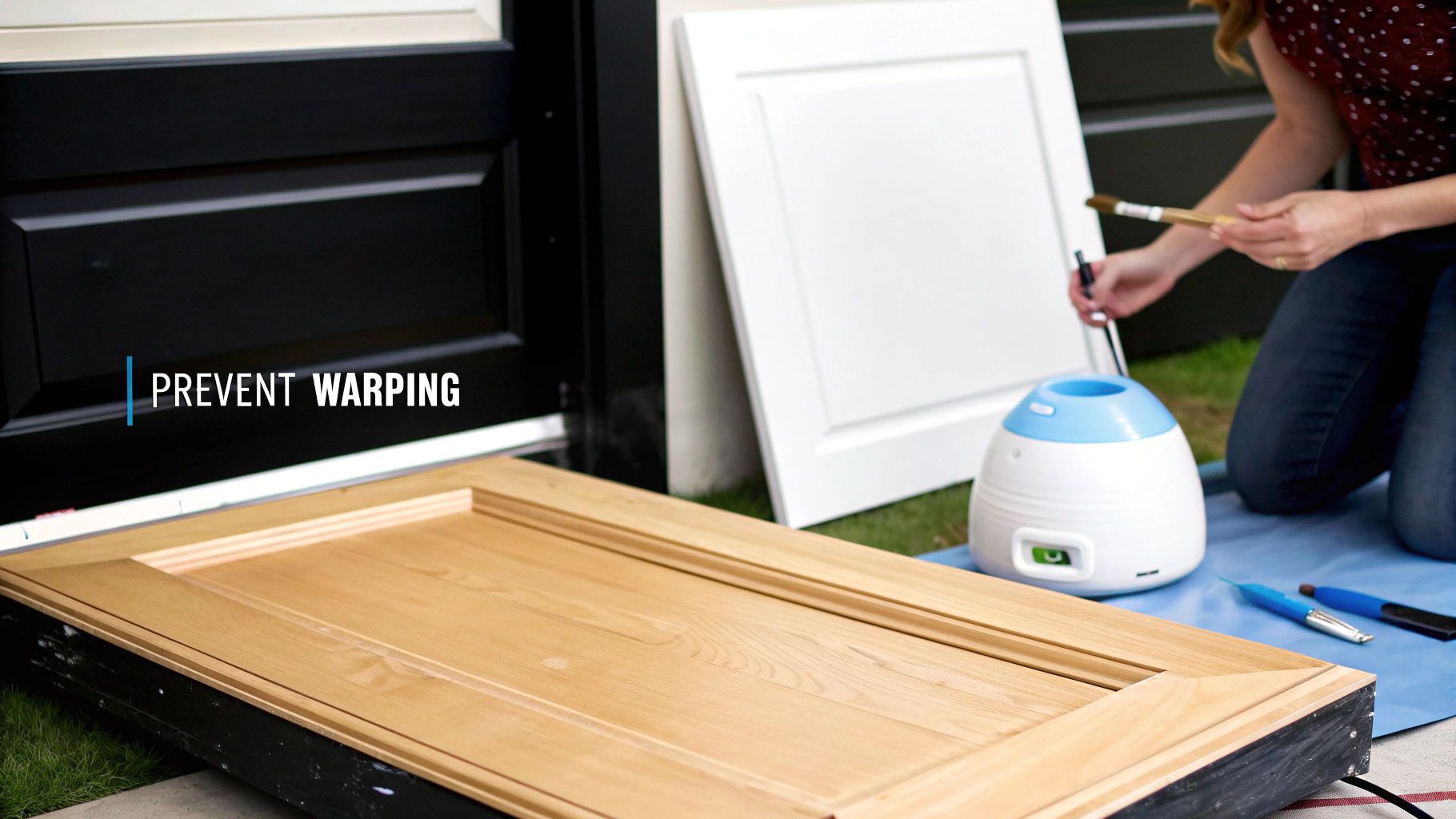A person painting wooden cabinet doors outdoors, with a device nearby to prevent warping.