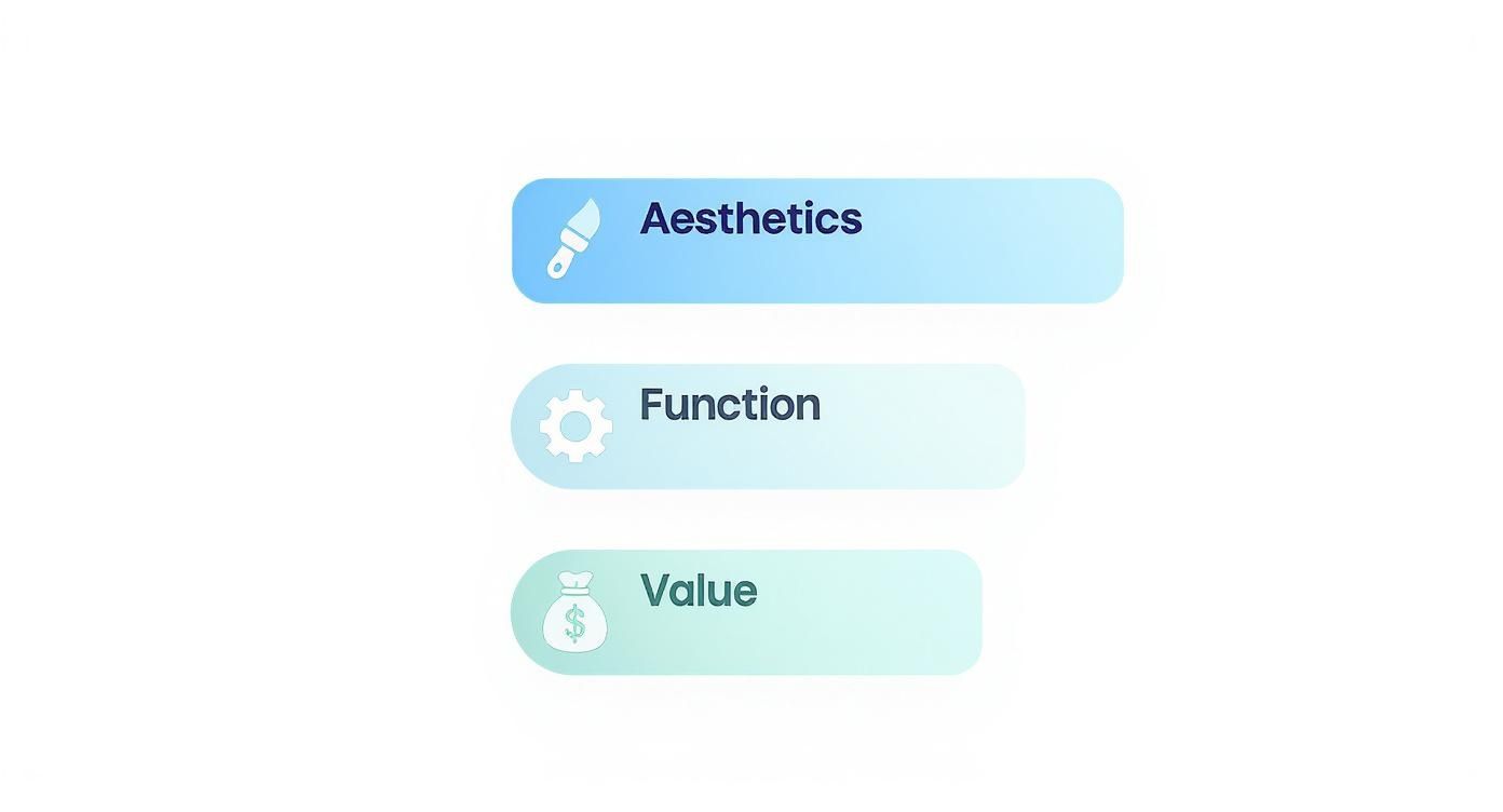 Three core principles of design or product development: Aesthetics, Function, and Value, each with a relevant icon.