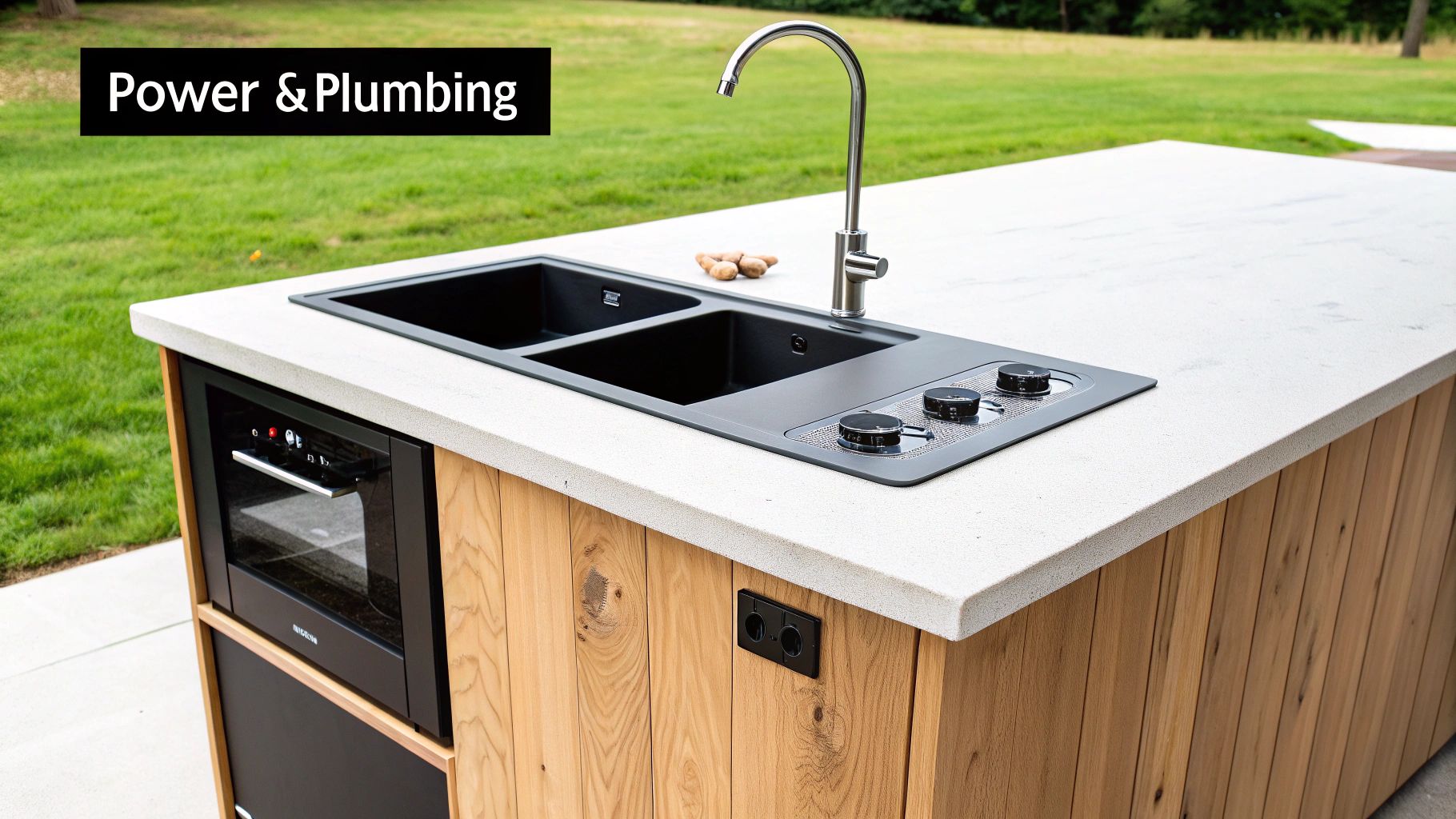 An outdoor kitchen island featuring a black double sink, modern faucet, cooktop, and a built-in oven.