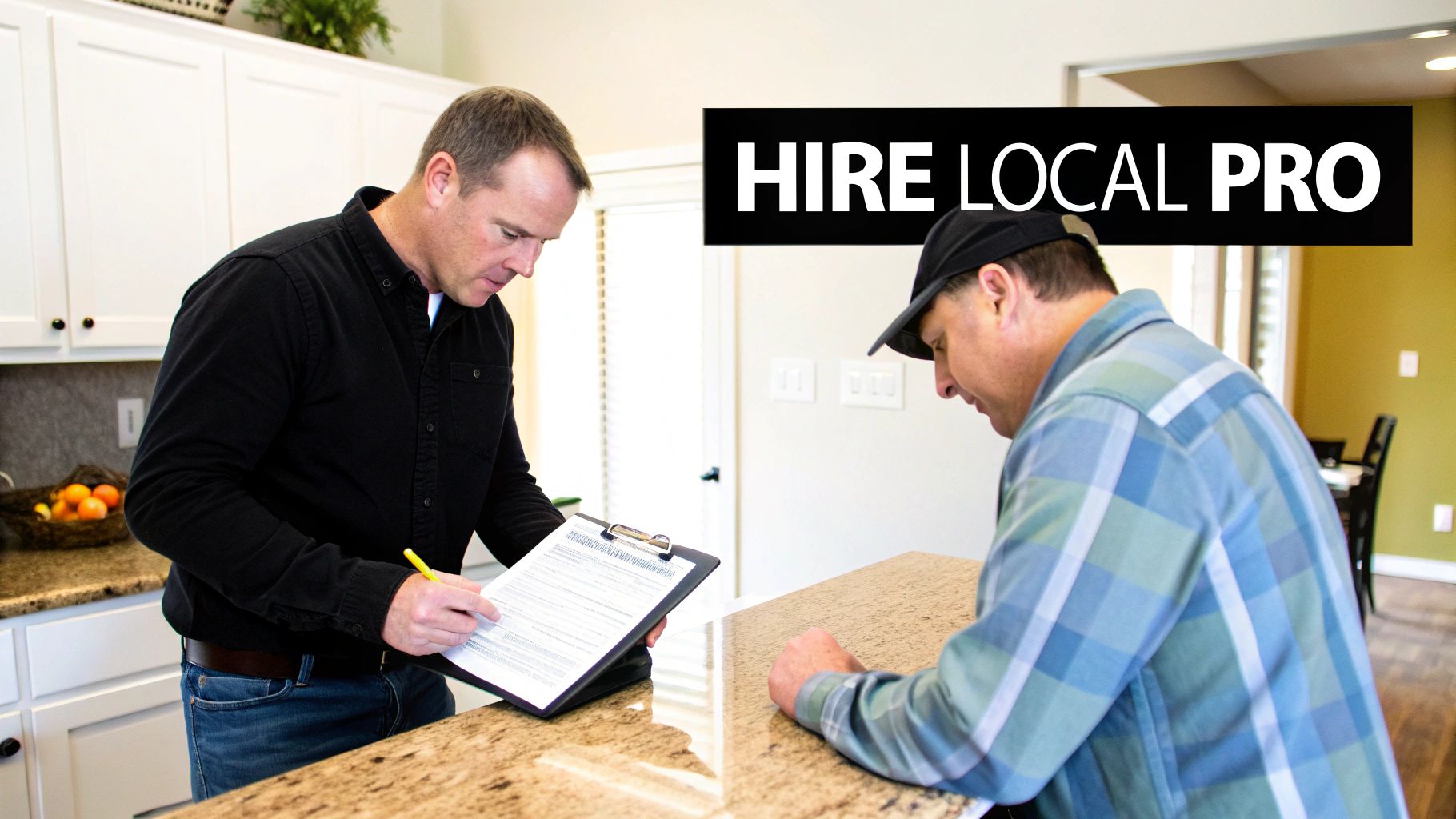 Two professionals discussing a checklist in a modern kitchen, with a 'HIRE LOCAL PRO' overlay.