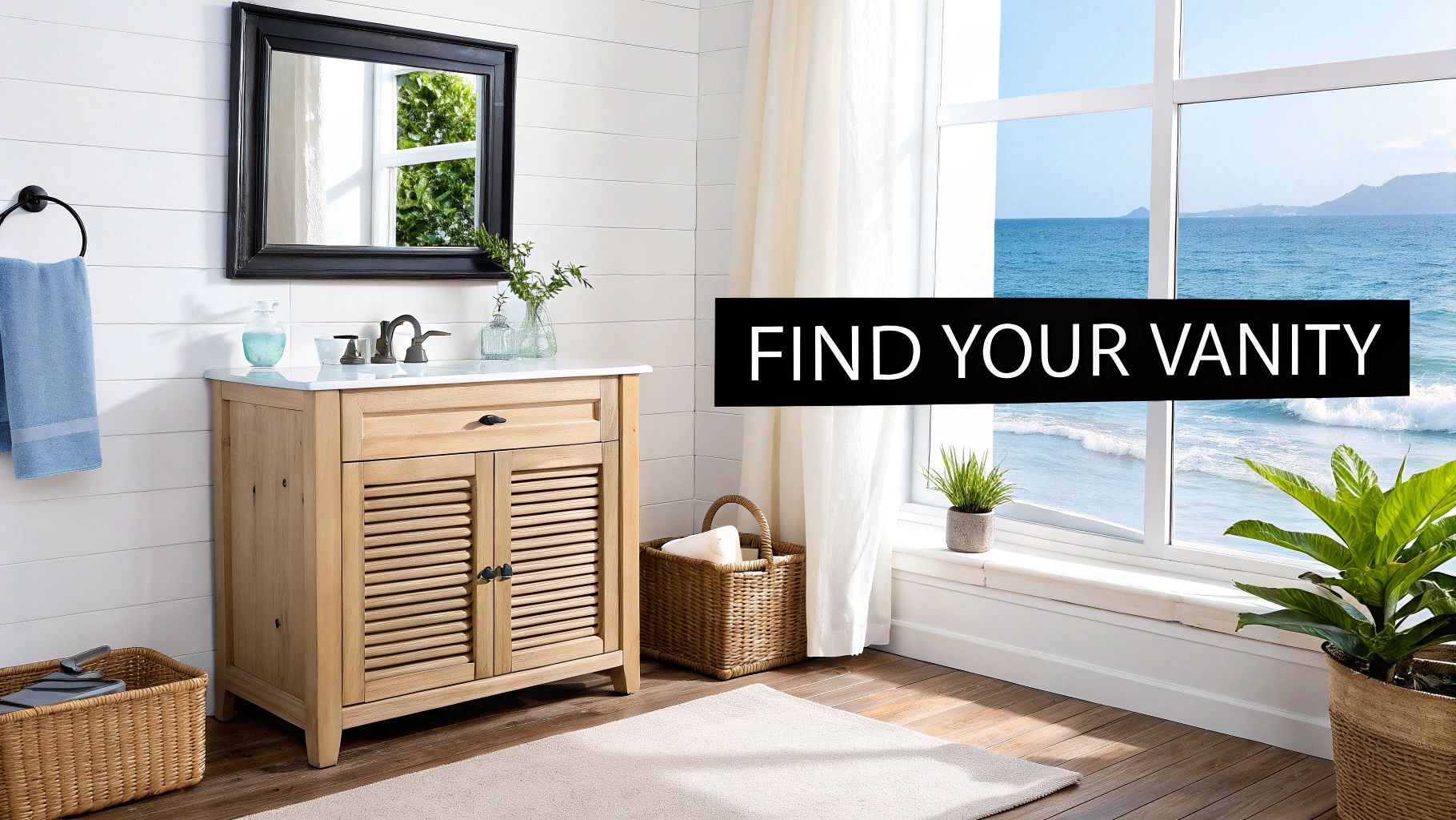 A bright coastal bathroom featuring a light wood vanity, mirror, and ocean view.