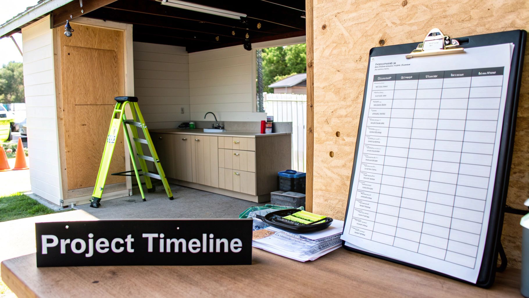 A construction site for a new kitchen or shed, featuring a ladder, sink, and project timeline.