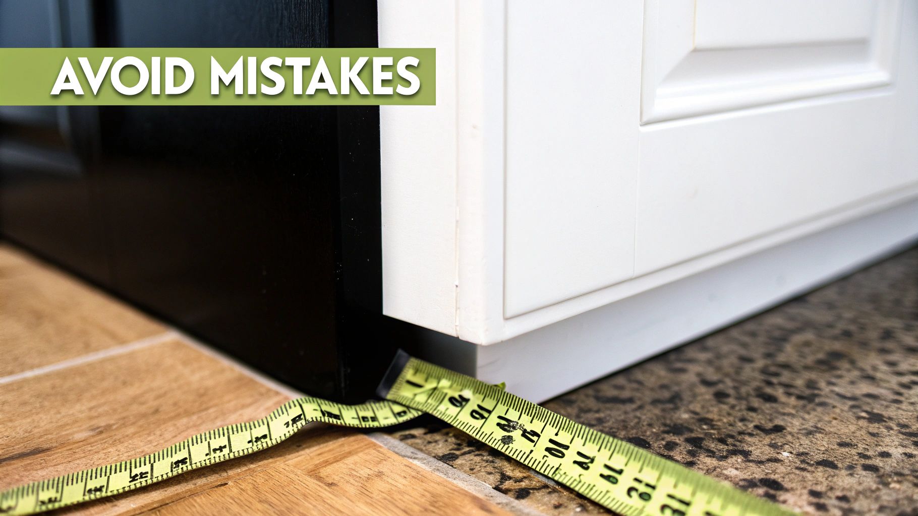 A person making a common cabinet measurement mistake by not accounting for an uneven wall.