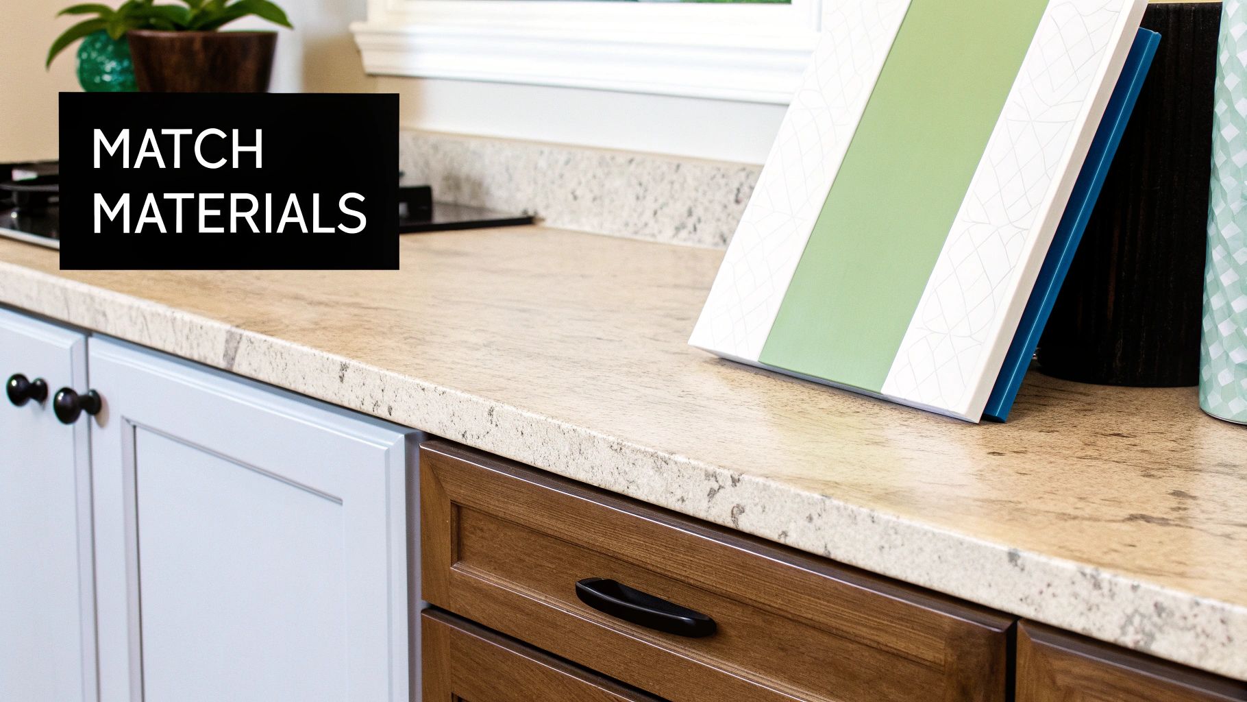 A kitchen counter displaying light gray and brown cabinets with a speckled beige countertop.