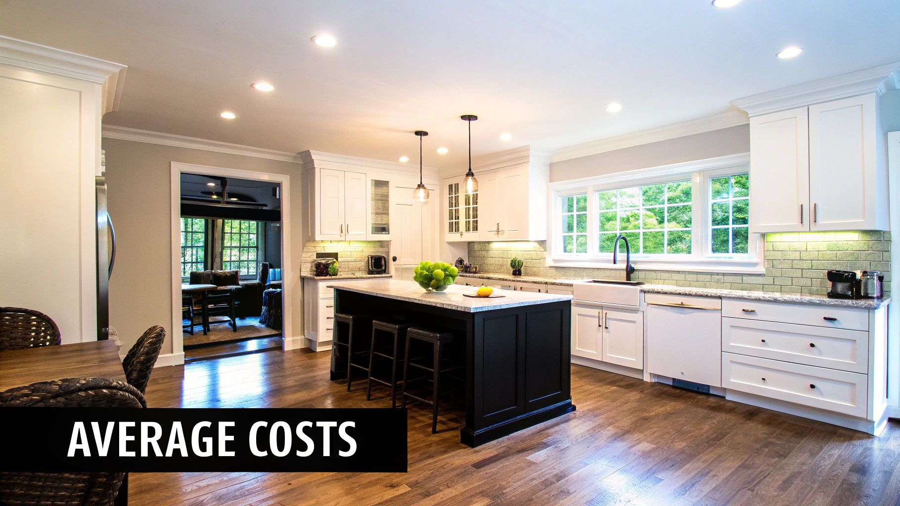 Modern kitchen with light wood cabinets, white countertops, and an island with stools, illustrating a mid-range renovation.