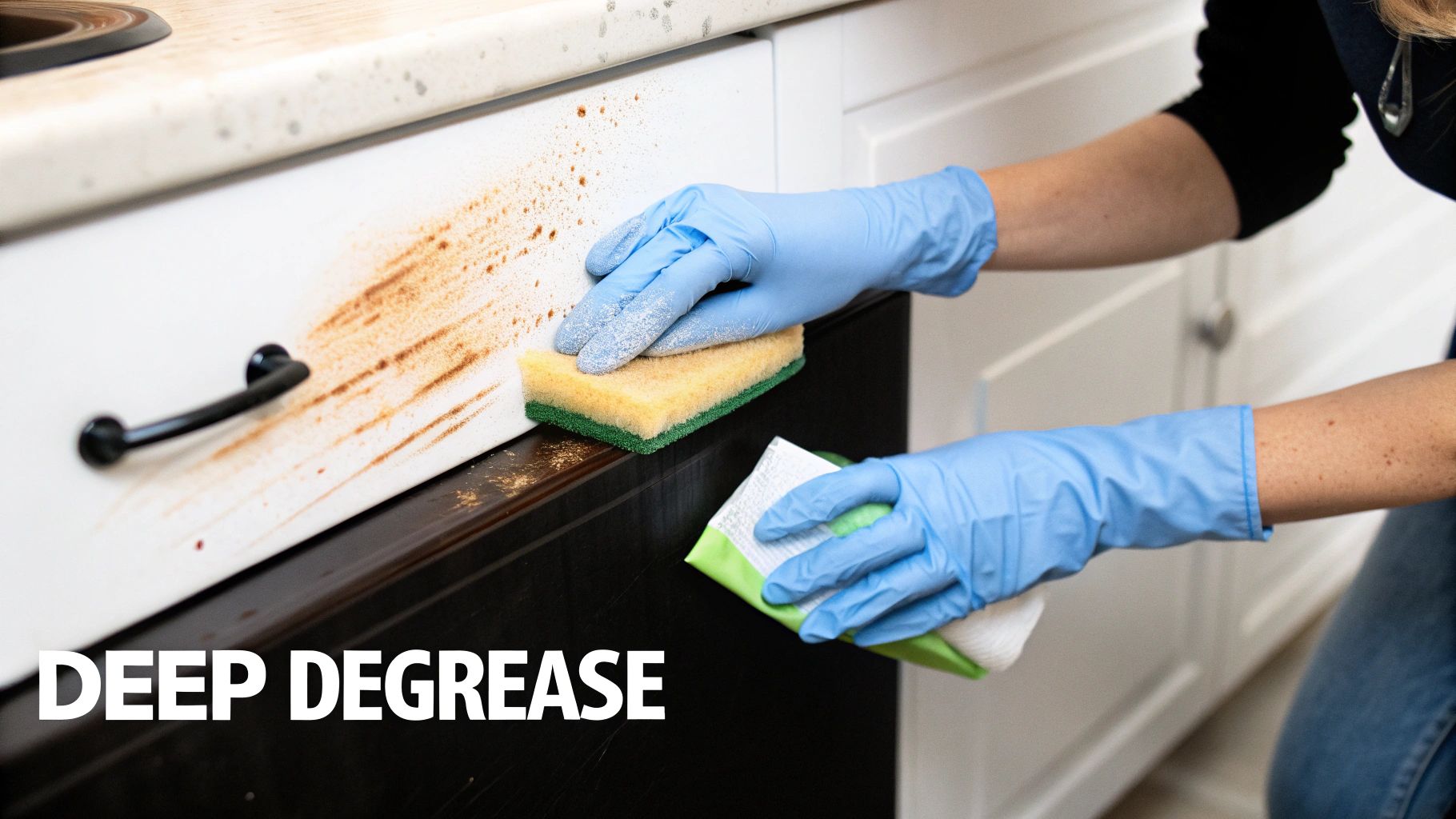 A person sanding a cabinet door with a random orbital sander.