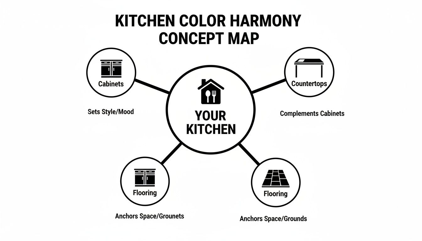 Concept map showing kitchen color harmony: cabinets, countertops, and flooring influencing style and mood.