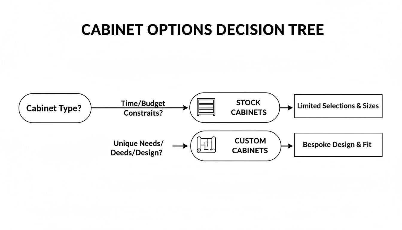 Decision tree illustrating cabinet options: stock cabinets for budget, custom for unique design needs.