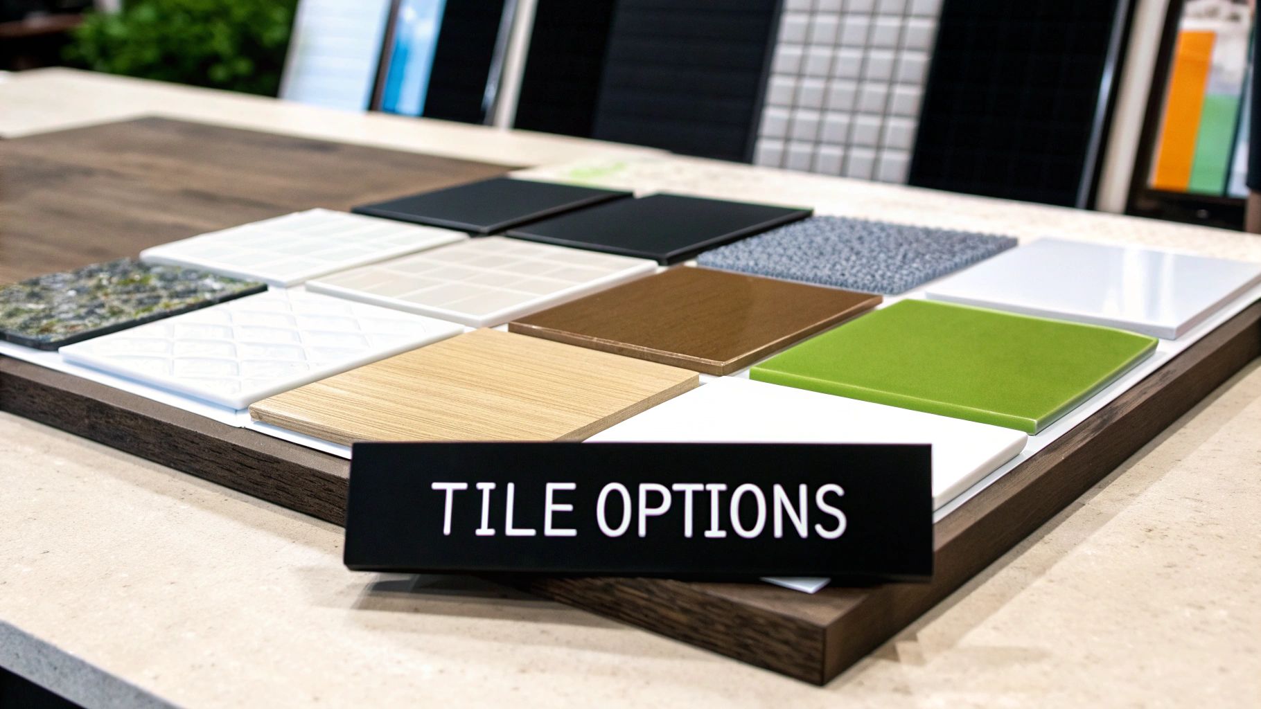A close-up view of a display featuring various ceramic tile samples in different colors, patterns, and textures, with a 'TILE OPTIONS' sign.