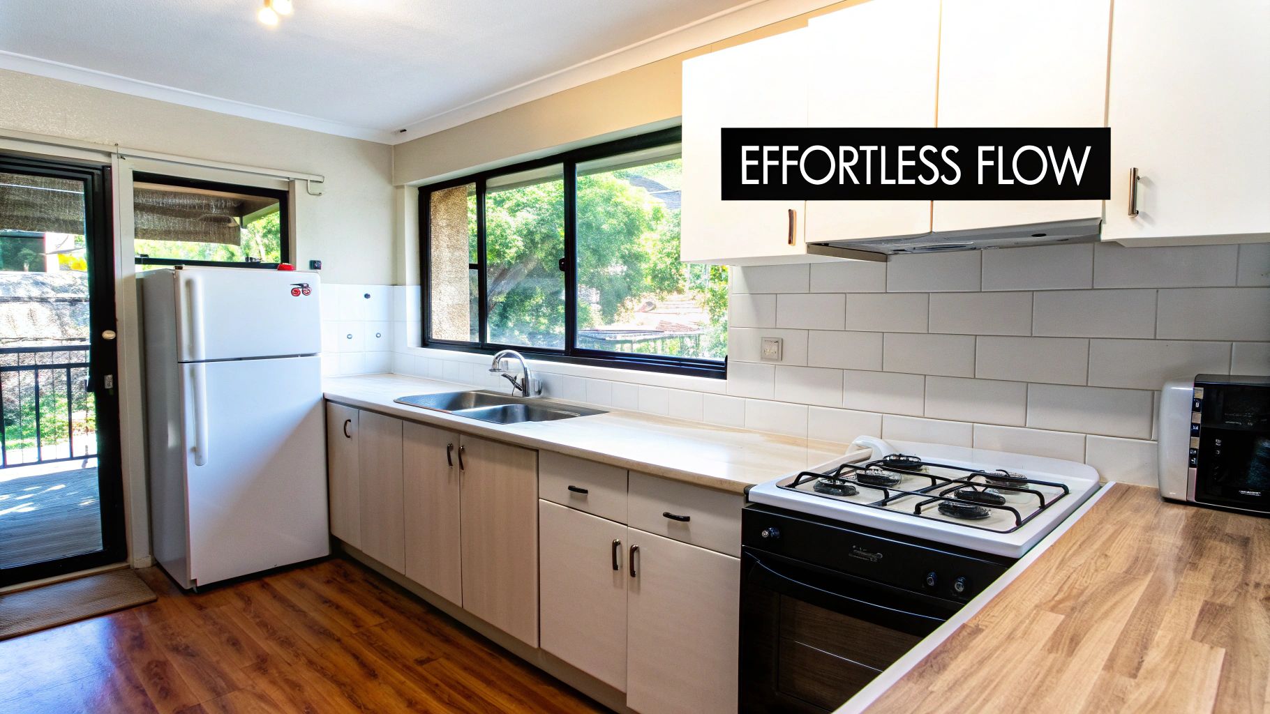 A bright kitchen featuring a white refrigerator, light wood cabinets, a gas stove, and a double sink.