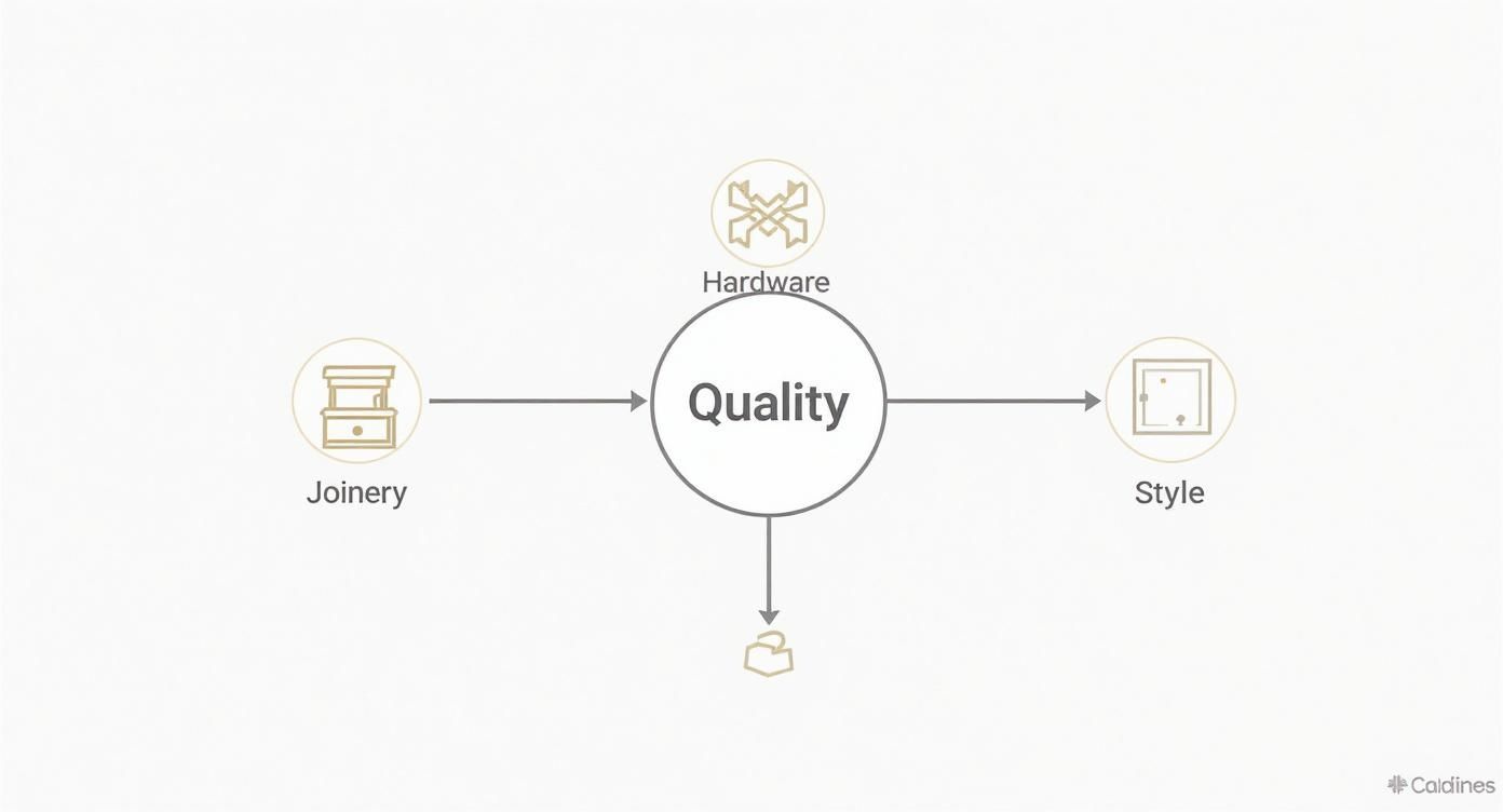Diagram showing quality factors in cabinet design including hardware, joinery, style, and craftsmanship elements