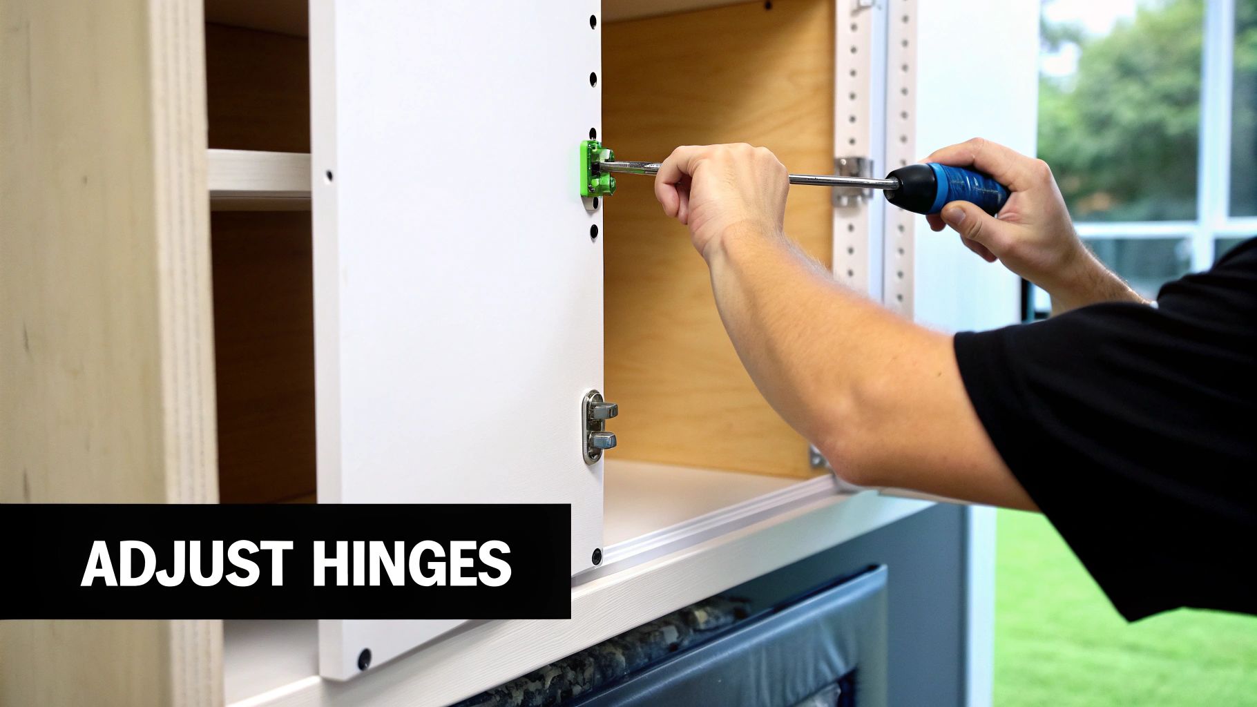 A person using a drill to repair a stripped screw hole on a wooden cabinet frame.