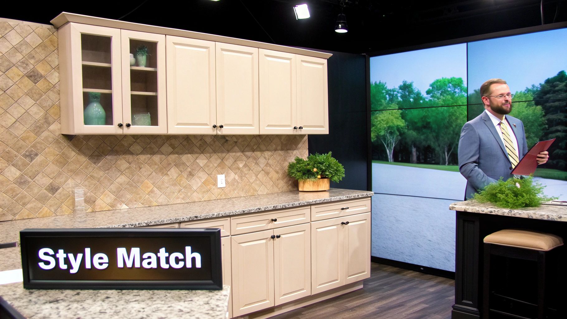 Woman viewing countertop samples in a modern kitchen