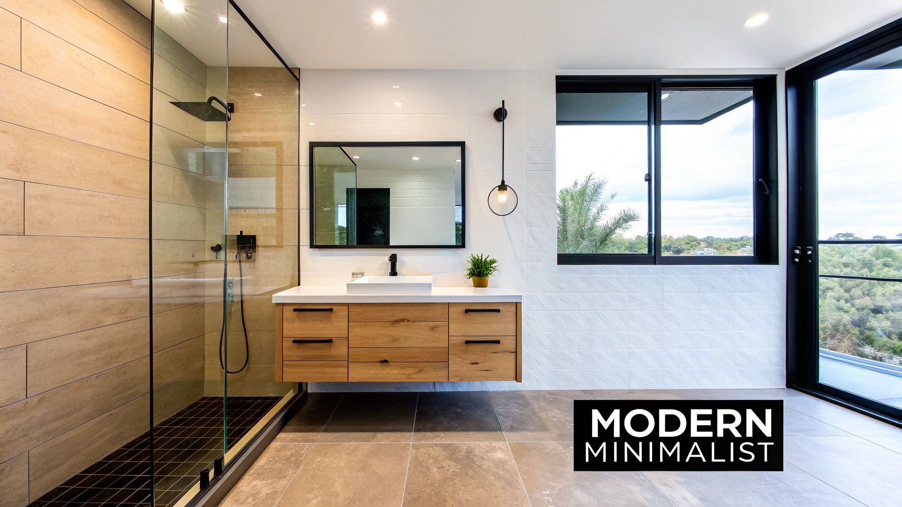 Modern minimalist bathroom featuring wooden floating vanity, glass shower, white tiles, and scenic window views