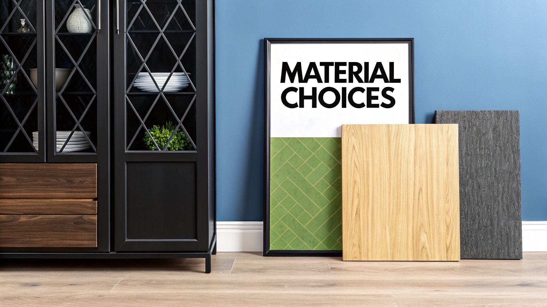 A modern black china cabinet with glass doors and wooden drawers next to material samples and a poster.