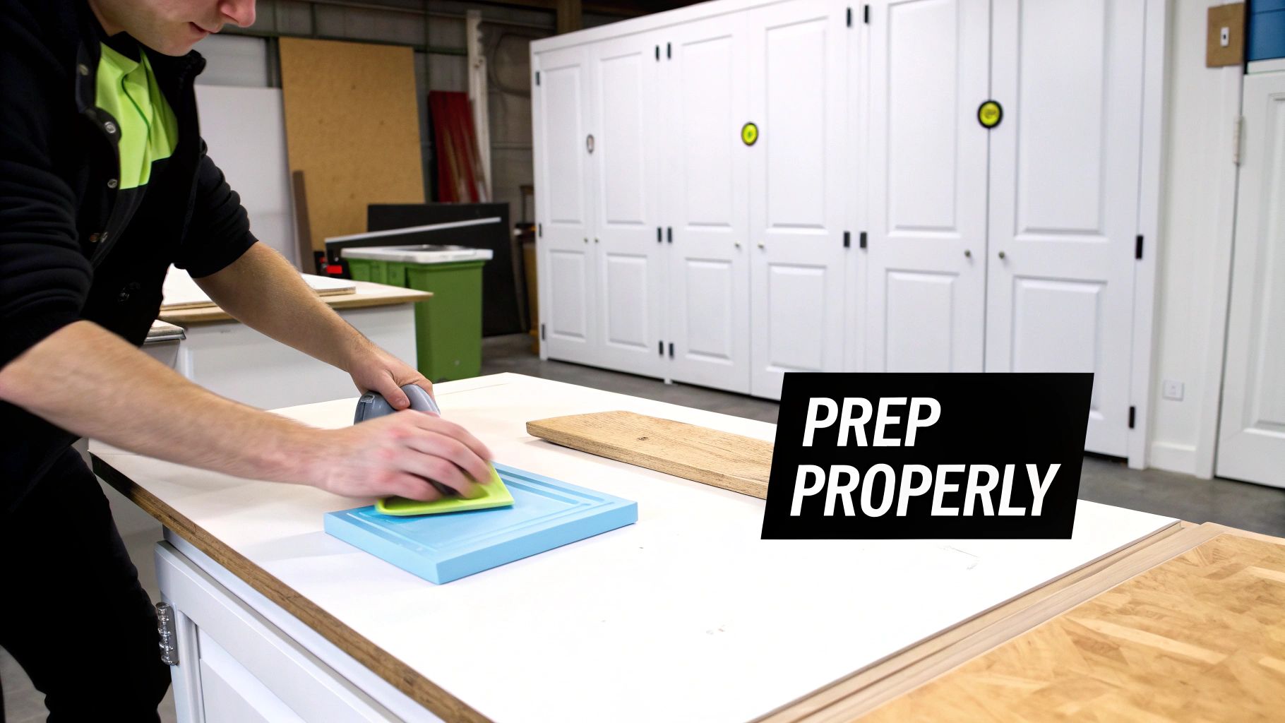 Woman painting kitchen cabinets white with a roller