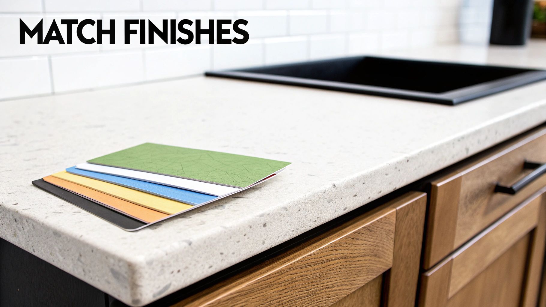 Various finish samples displayed on a kitchen countertop, with a sink and wooden cabinets.