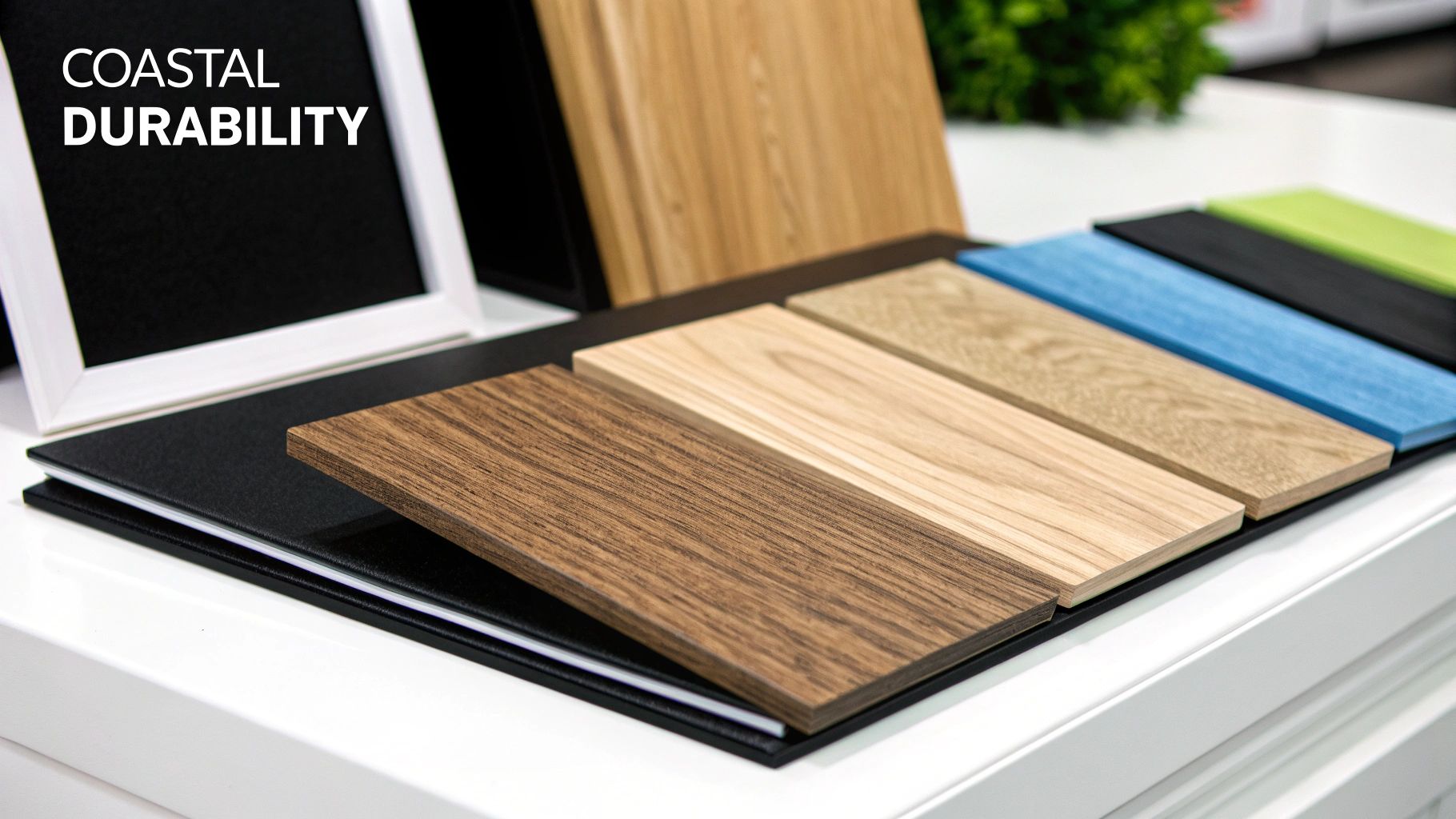 Assortment of wood and colorful material samples showcasing 'Coastal Durability' on a white table.