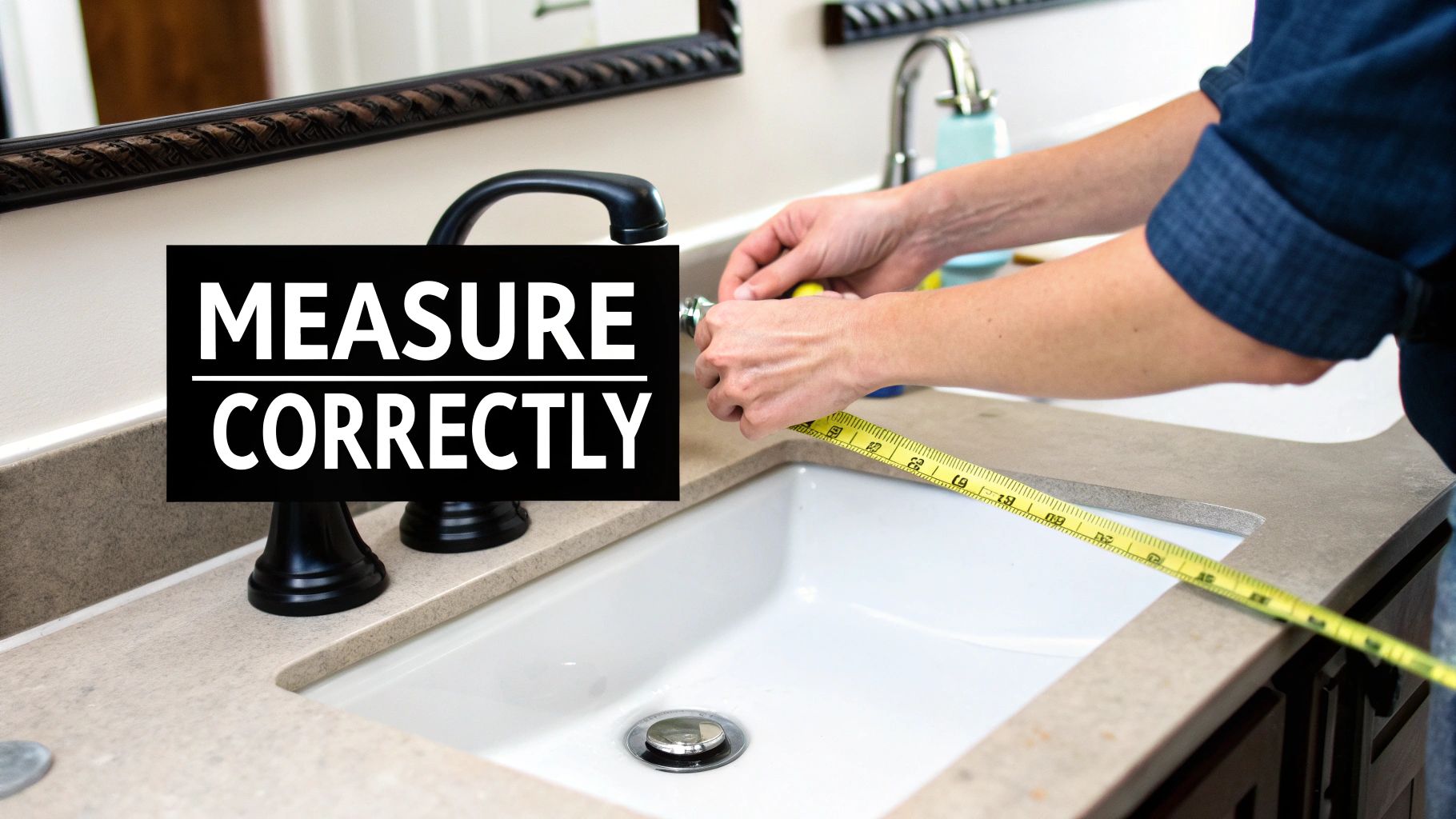 Woman measuring bathroom vanity height