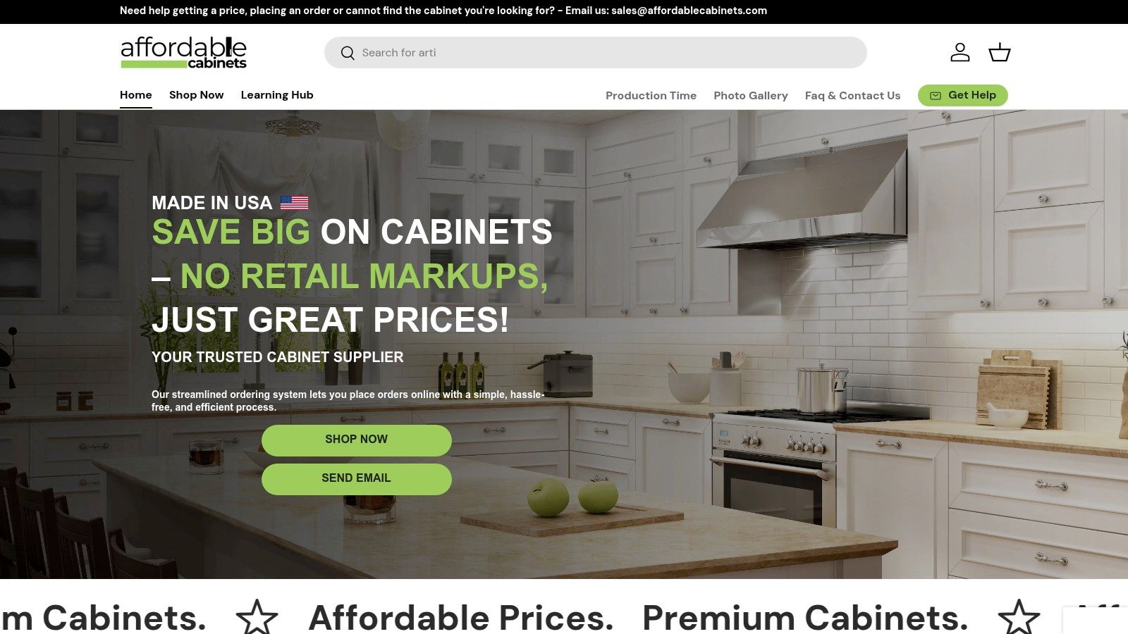 Affordable Cabinets homepage showing kitchen designs