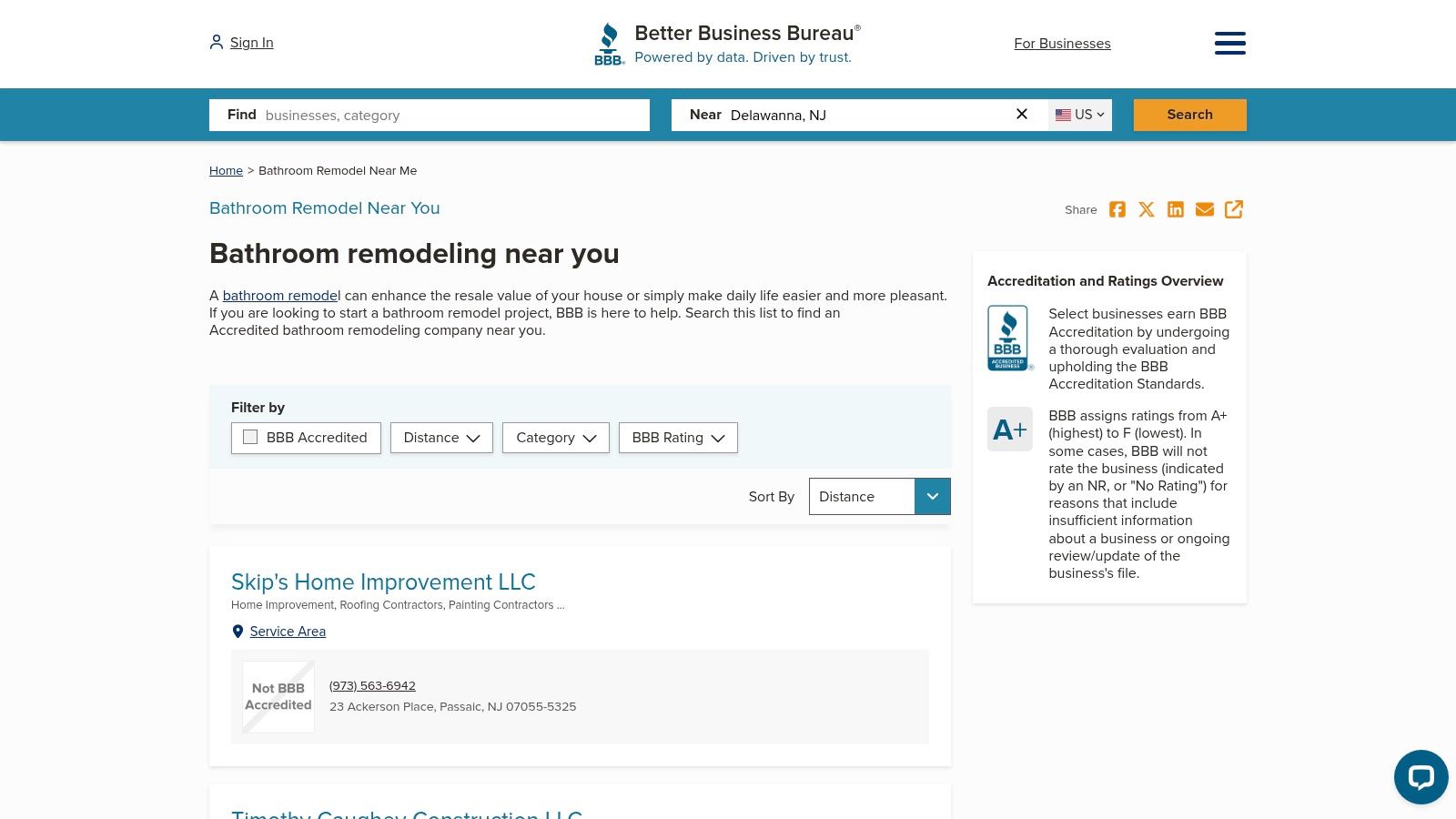 The Better Business Bureau website showing a search for accredited bathroom remodelers.