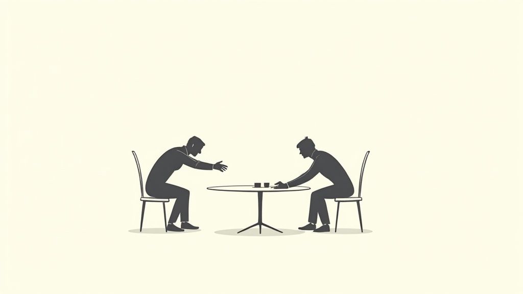 An illustration showing a confident person making eye contact during an interview, with icons representing positive body language cues like posture and gestures.