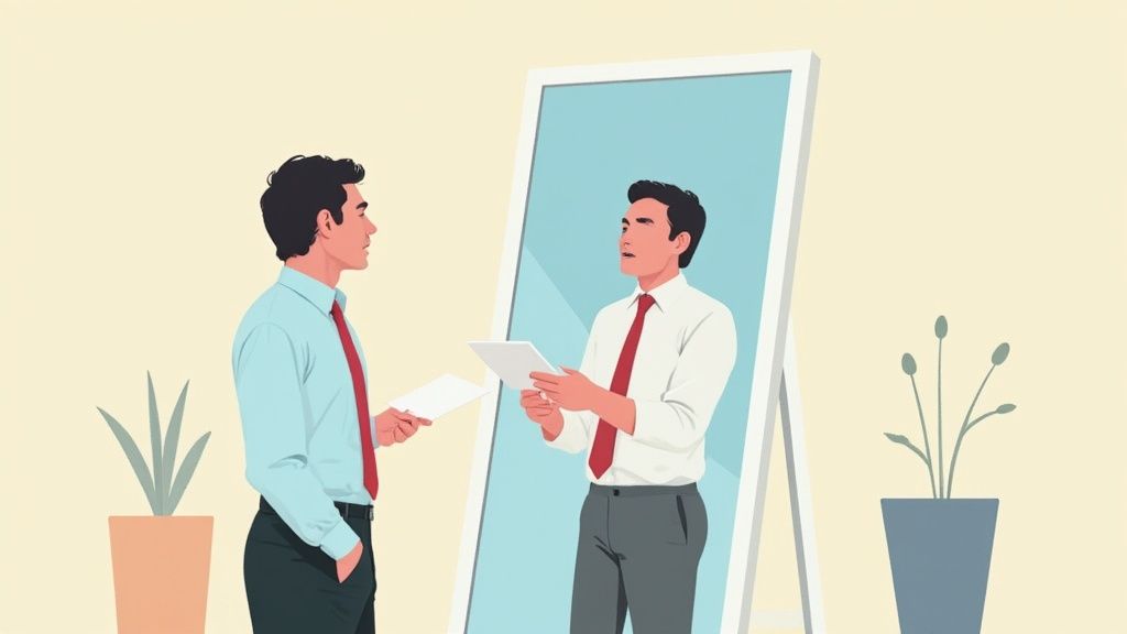 Person practicing for an interview in front of a mirror, looking confident.