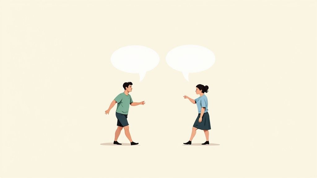 Two professionals engaged in an effective and positive verbal conversation in an office setting.