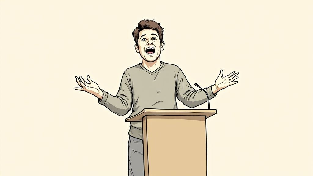 A person using confident and open body language during a professional presentation.