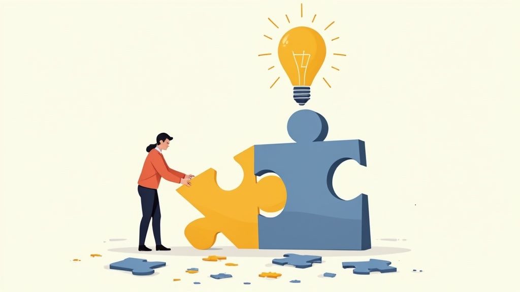 An infographic illustrating the problem-solving process with icons for identification, analysis, solution development, and implementation