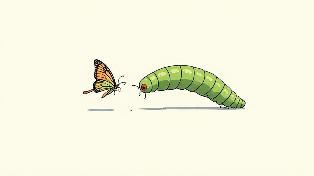 A visual metaphor for transformation, showing a caterpillar turning into a butterfly.