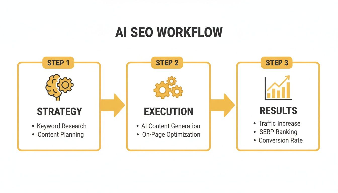 Workflow diagram illustrating the three steps of an AI SEO strategy: strategy, execution, and results.