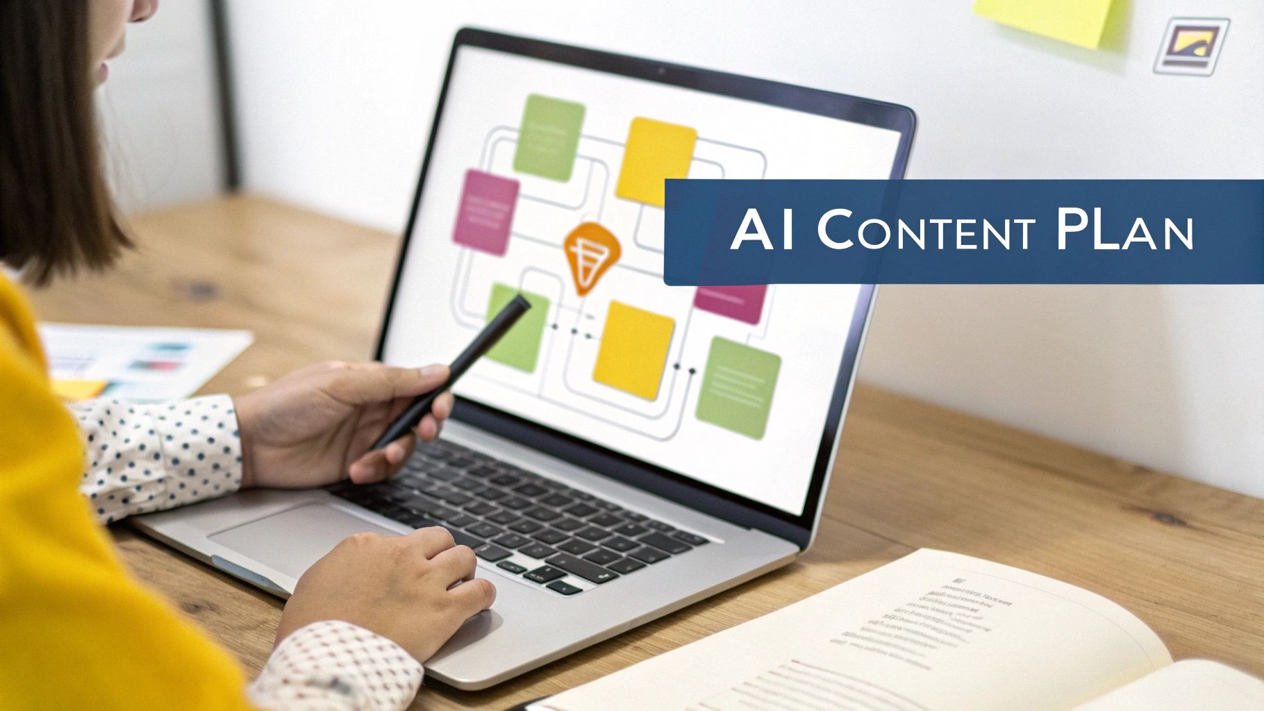 A person points a stylus at a laptop screen showing an "AI Content Plan" flowchart.