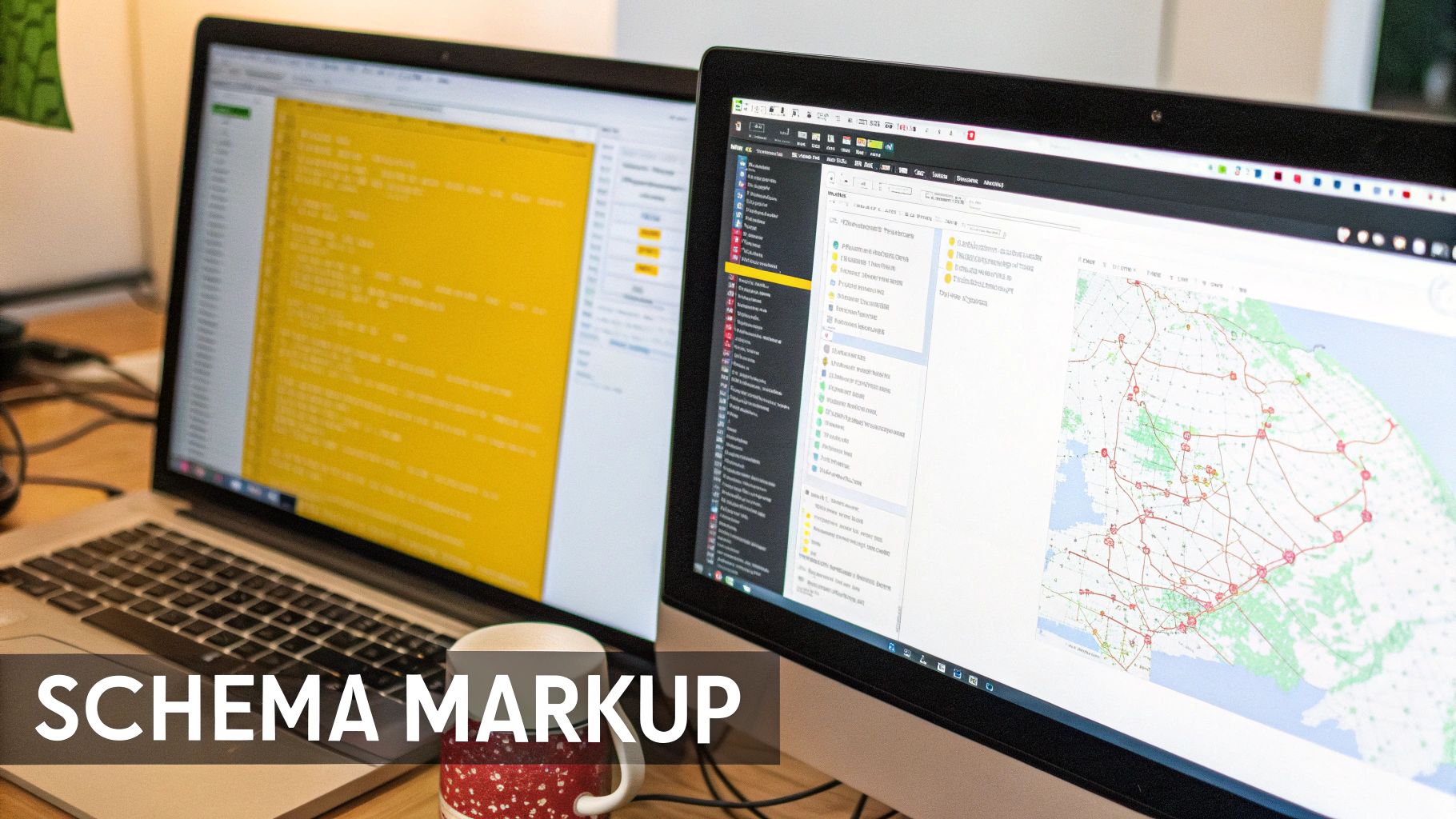 Two computer screens display code and a data map on a desk, with 'SCHEMA MARKUP' text overlay.