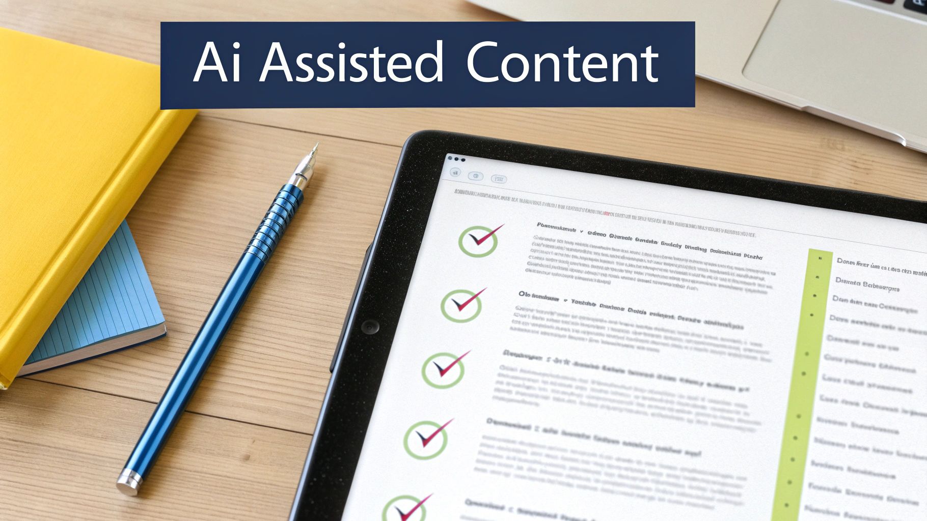 A tablet displaying 'Ai Assisted Content' and a checklist, alongside a blue pen and yellow notebook.