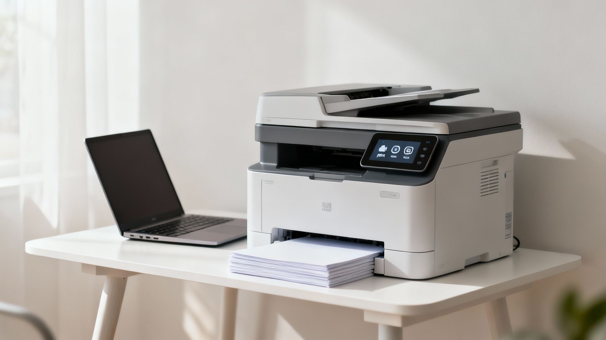 A modern multifunction printer in a bright office environment.
