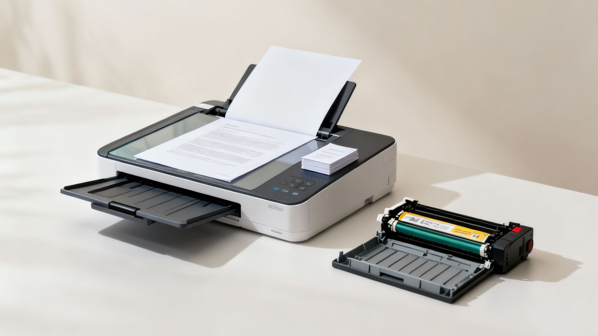 A close-up view of the control panel on a multifunction printer.