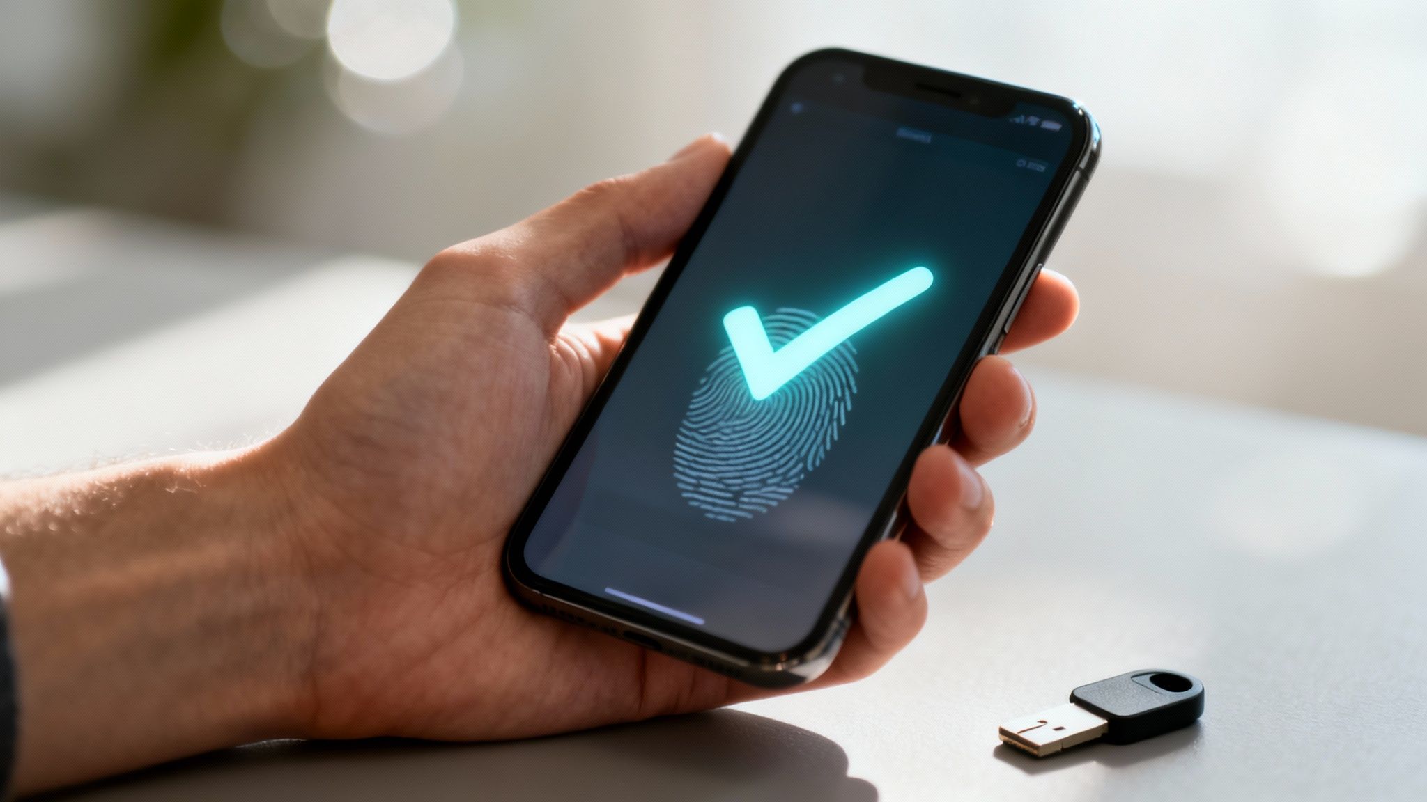 A hand holds a smartphone showing a successful fingerprint authentication with a checkmark, next to a security key.