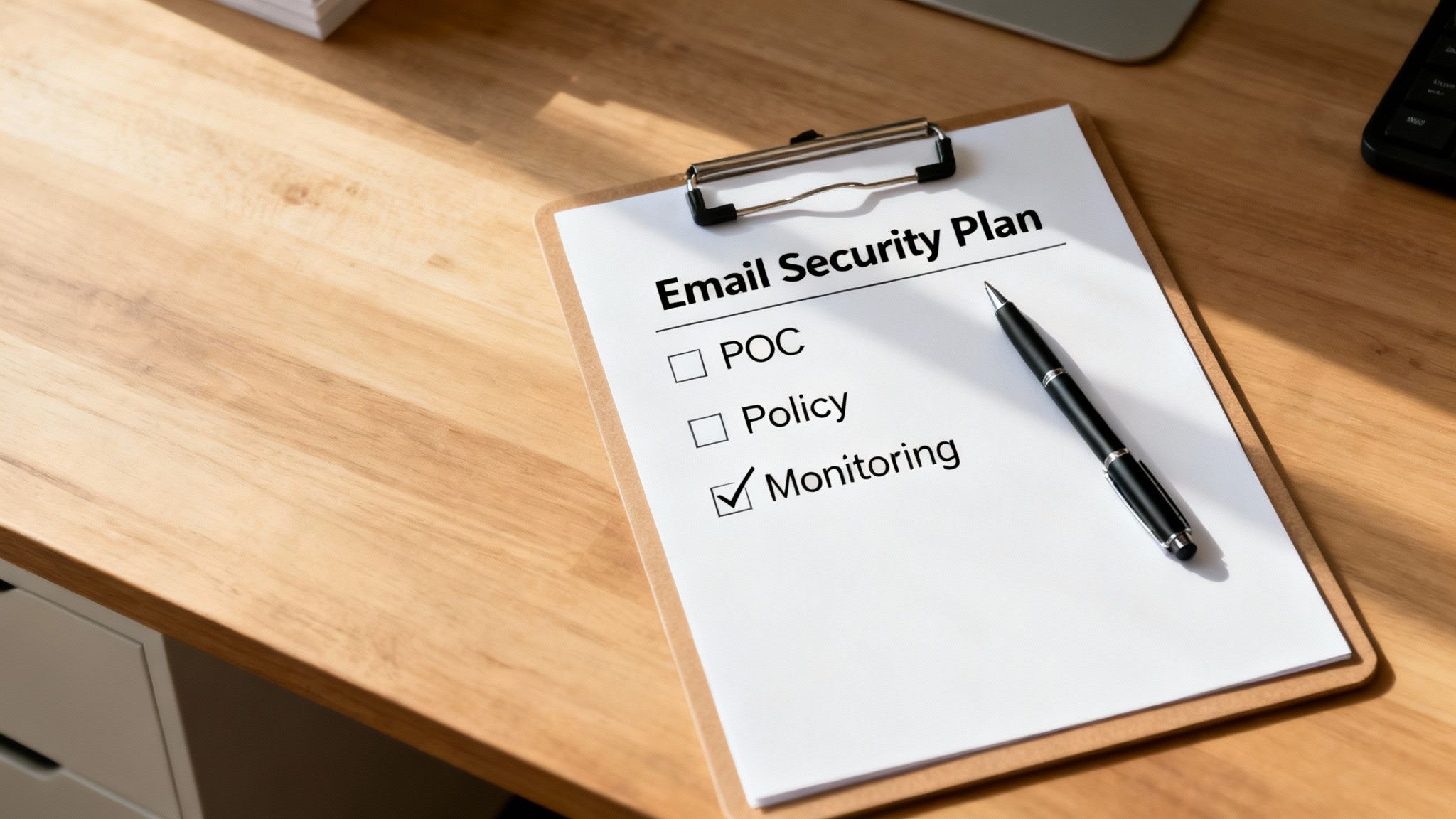 A team collaborating around a desk with laptops, creating an implementation plan.