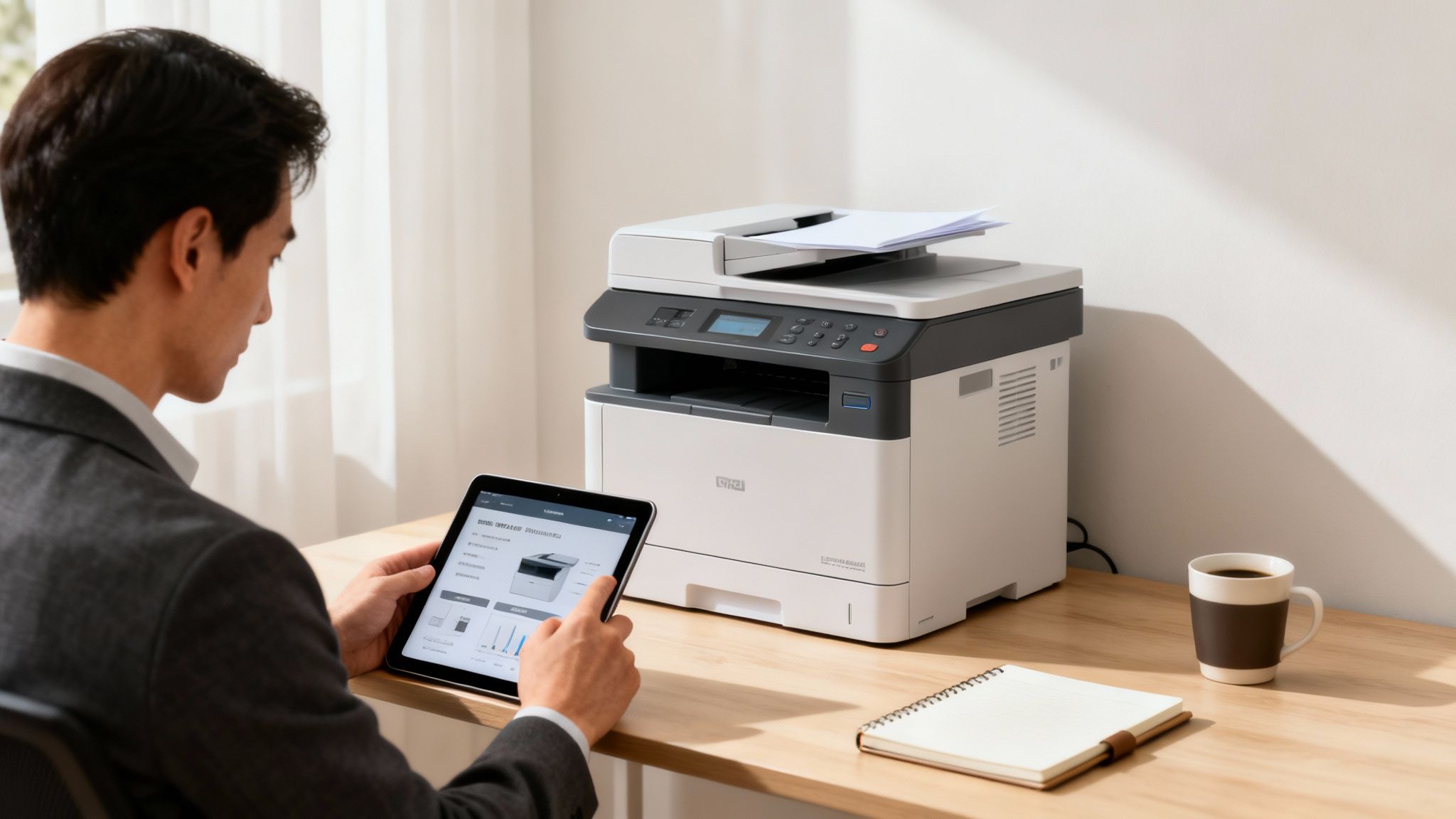 A man in a suit uses a tablet, possibly to control a modern multi-function printer on a wooden desk.