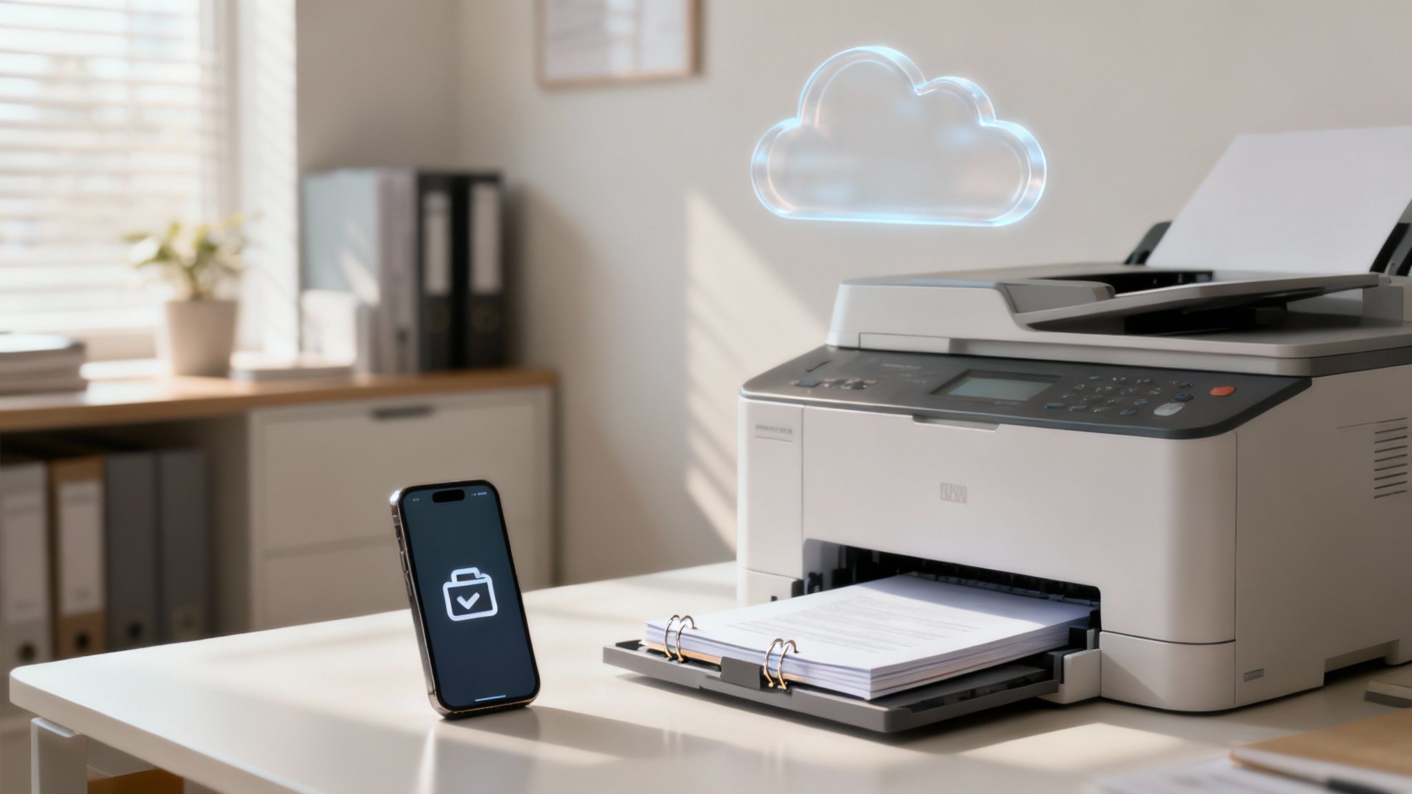 A person using the cloud features on a multifunction printer's touchscreen.
