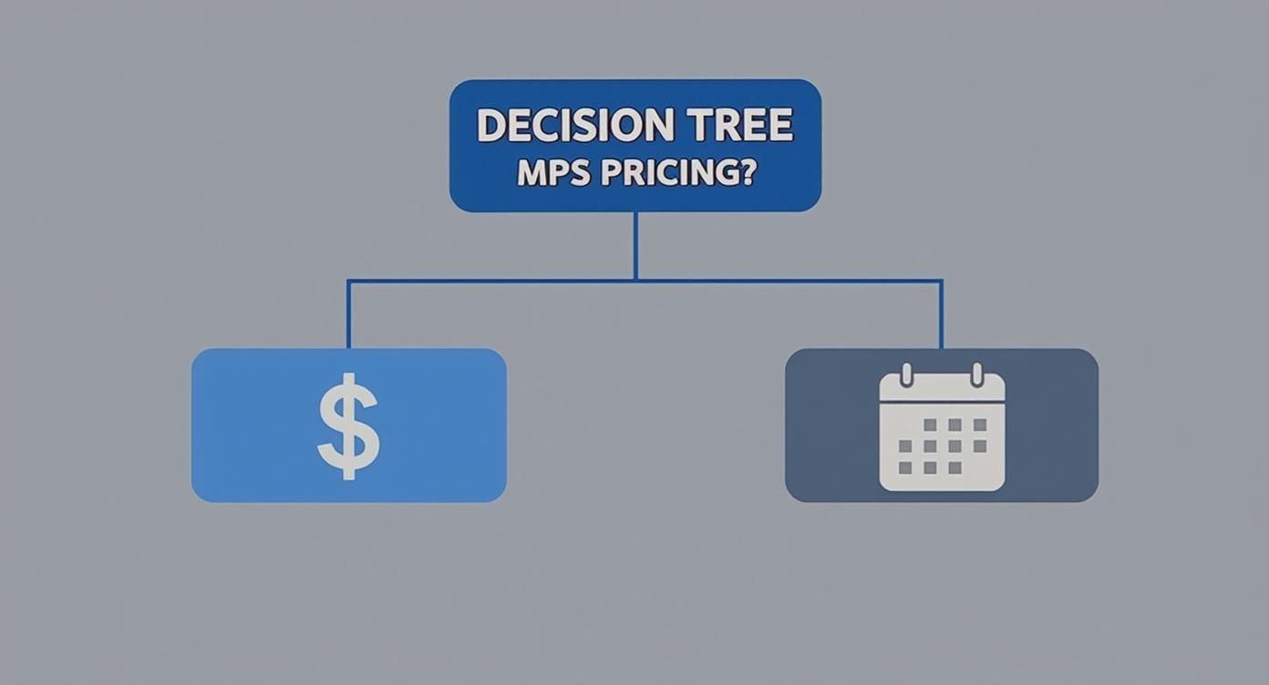 Understanding Managed Print Services Cost 10 Decision tree diagram illustrating managed print services (MPS) pricing options with cost and time.