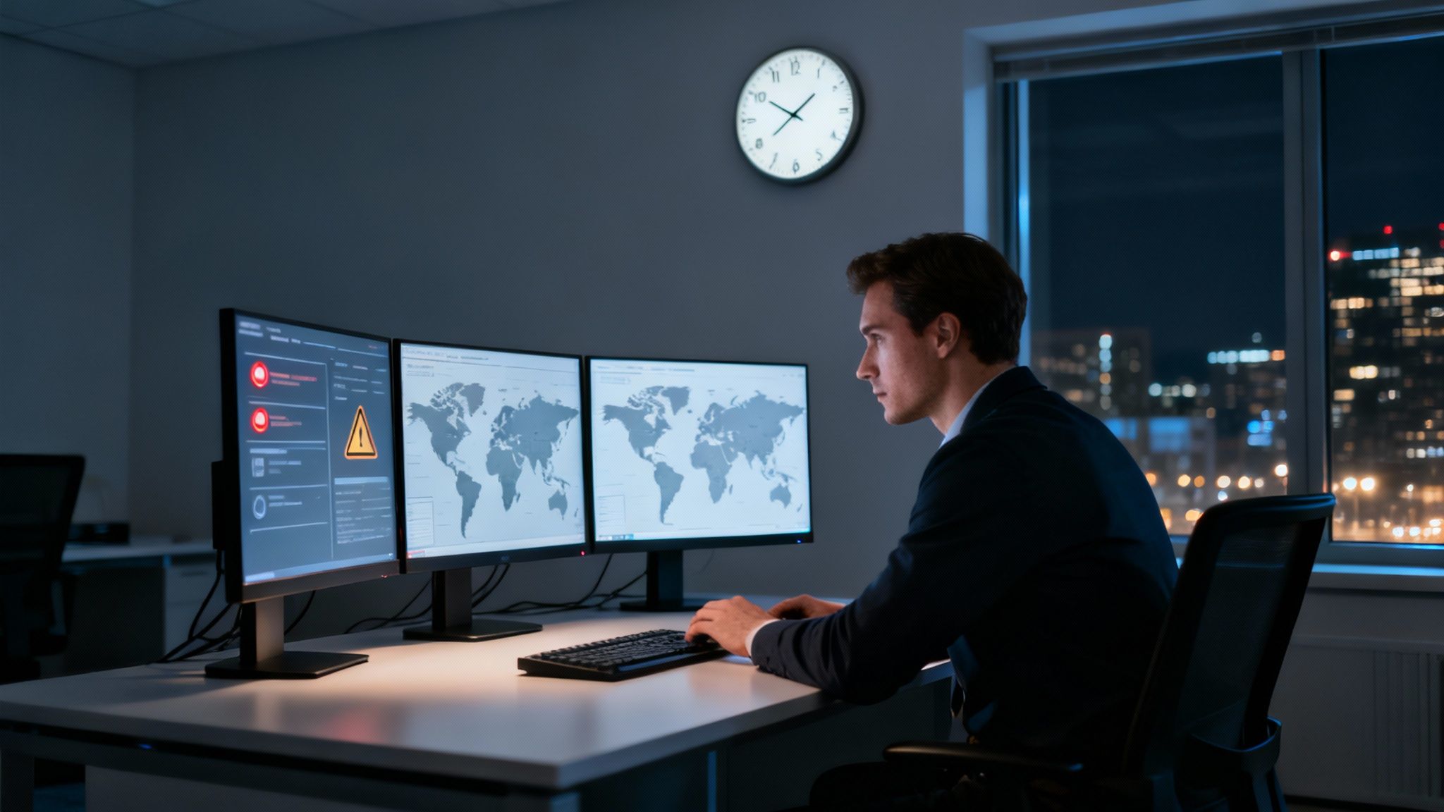 Unlocking the Benefits of Managed Security Services for Your Business 11 A security operations center with multiple analysts monitoring screens showing global threat maps and data feeds at night.