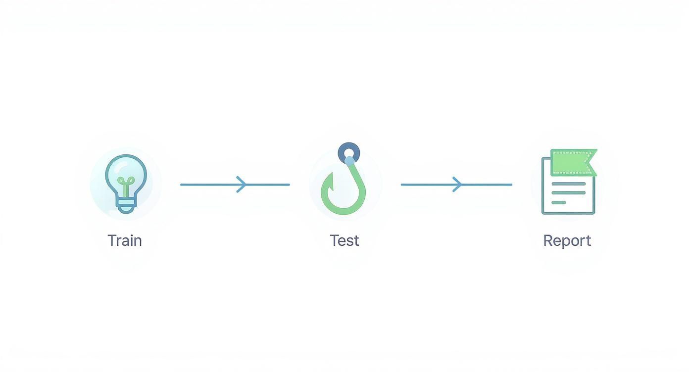 How to Prevent Ransomware Attacks: A Proven Guide for Businesses 11 Infographic showing the process flow of a human firewall with steps for Train, Test, and Report, using flat icons and a blue/green color scheme.