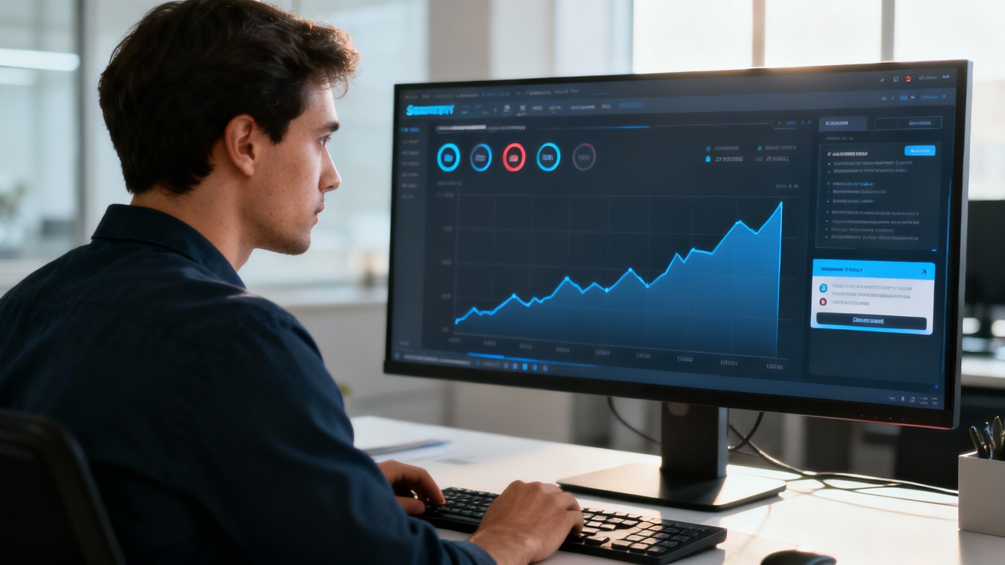 How to Implement Zero Trust Security: A Practical Guide A person sitting at a desk with multiple monitors, analyzing security data and charts.