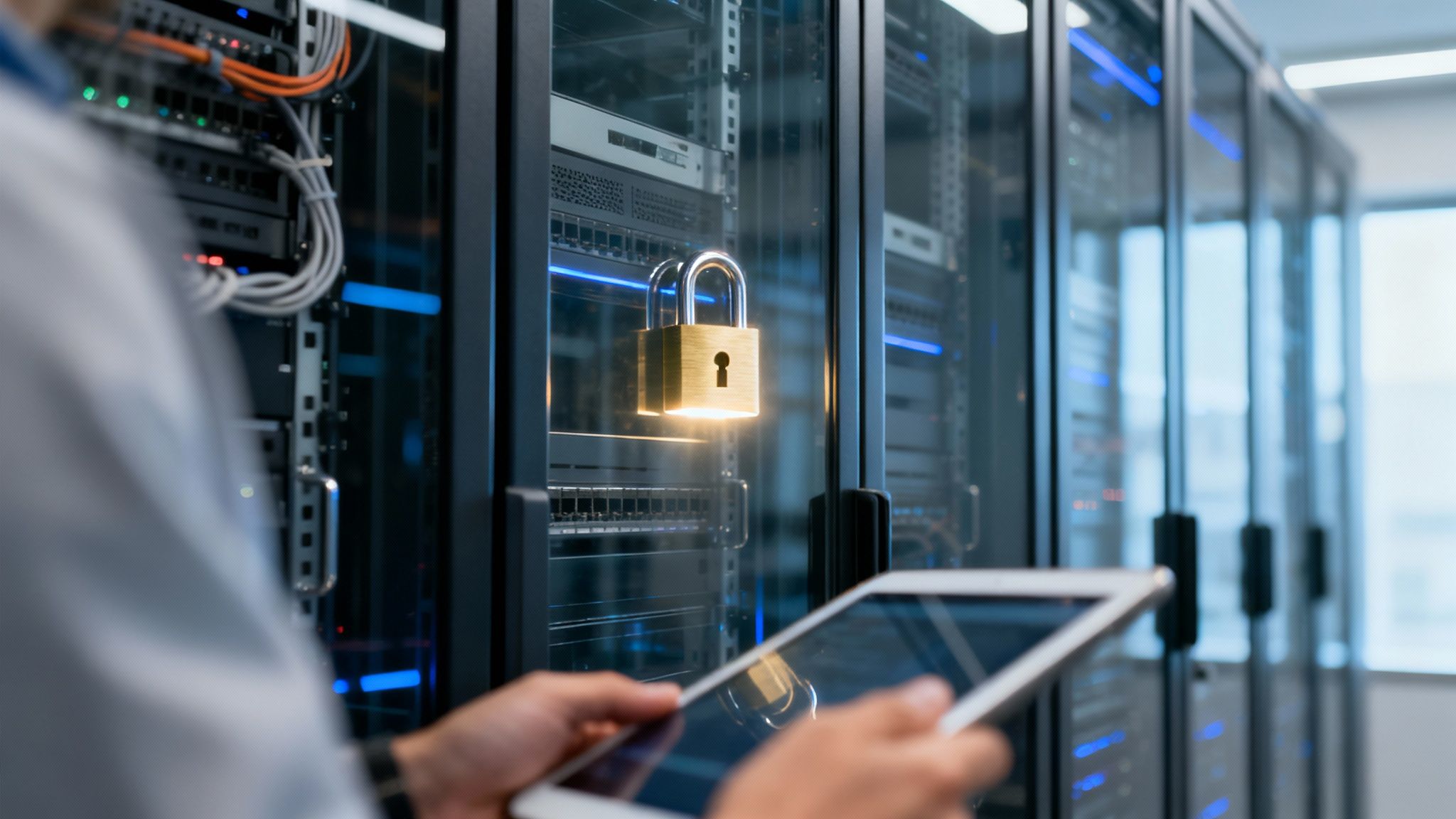 What Is Network Infrastructure A Practical Guide A digital padlock icon overlaid on a network diagram, symbolizing the critical importance of network security.
