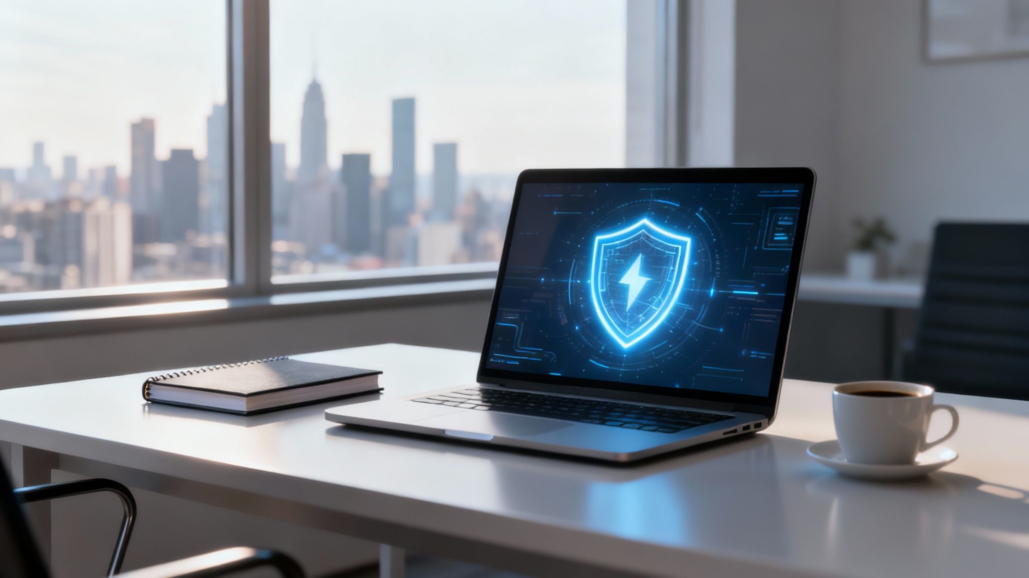 Laptop displaying glowing cybersecurity shield icon on modern office desk with city skyline view