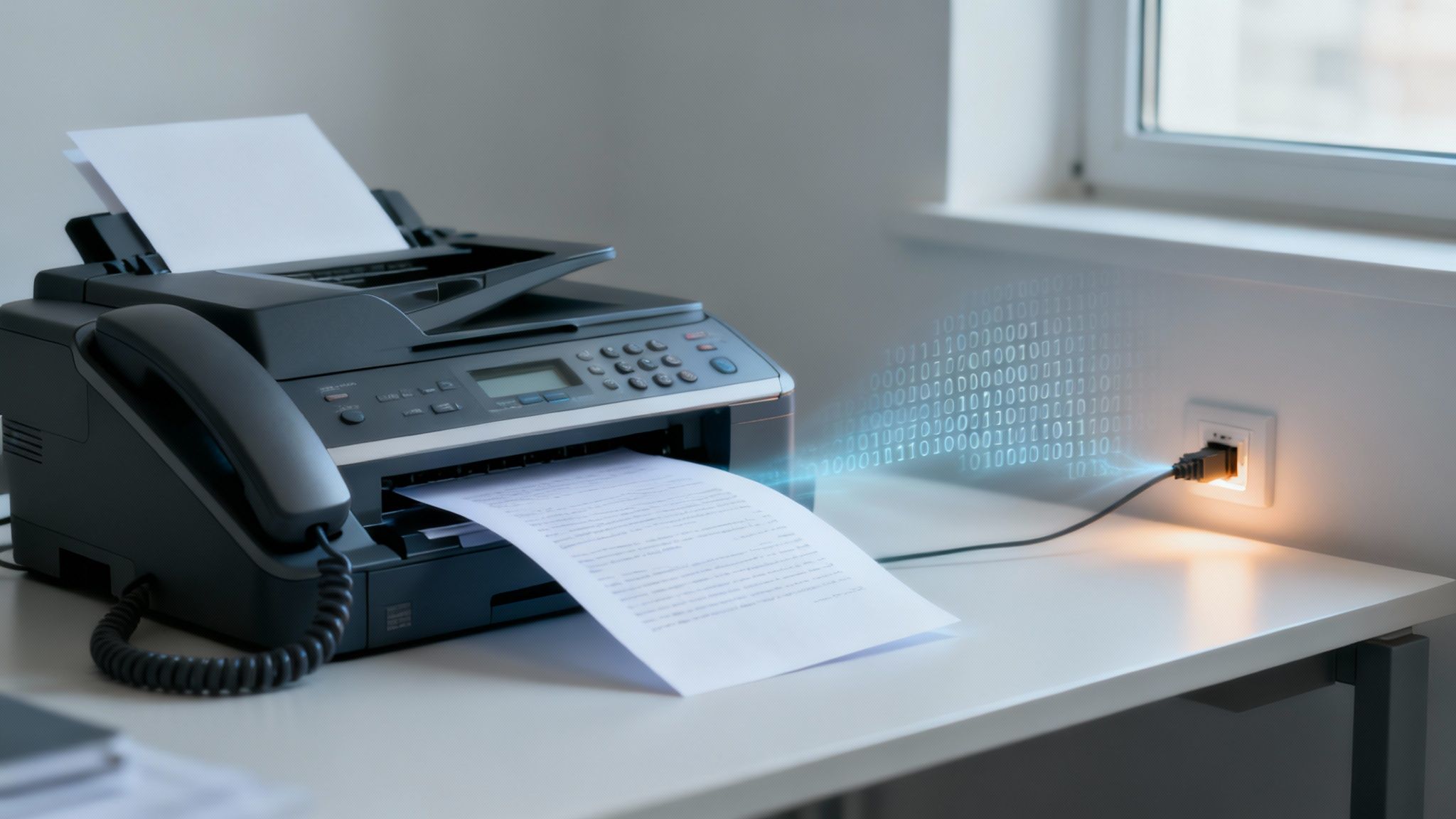 A modern office multifunction printer that also serves as a fax machine, representing a potential security risk.