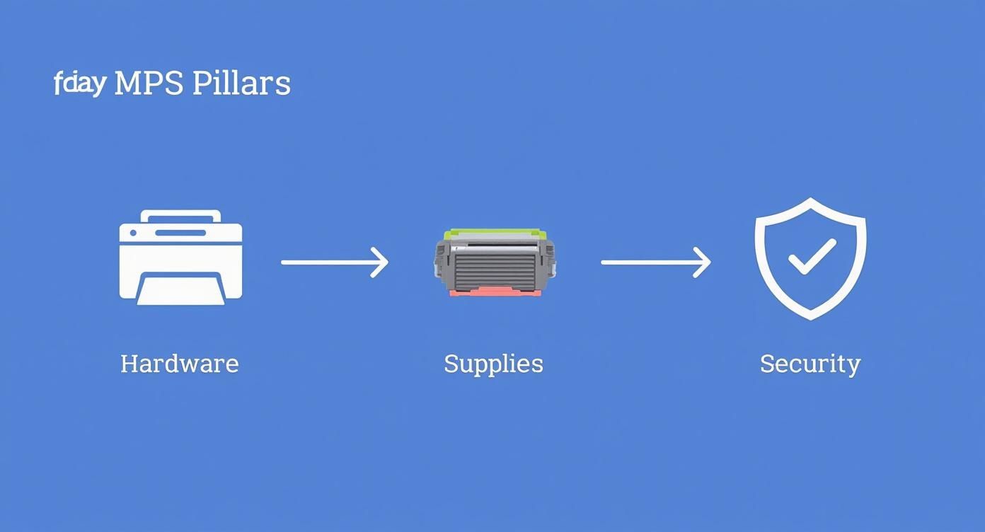 Infographic showing the process flow of managed print services, including hardware, supplies, and security.