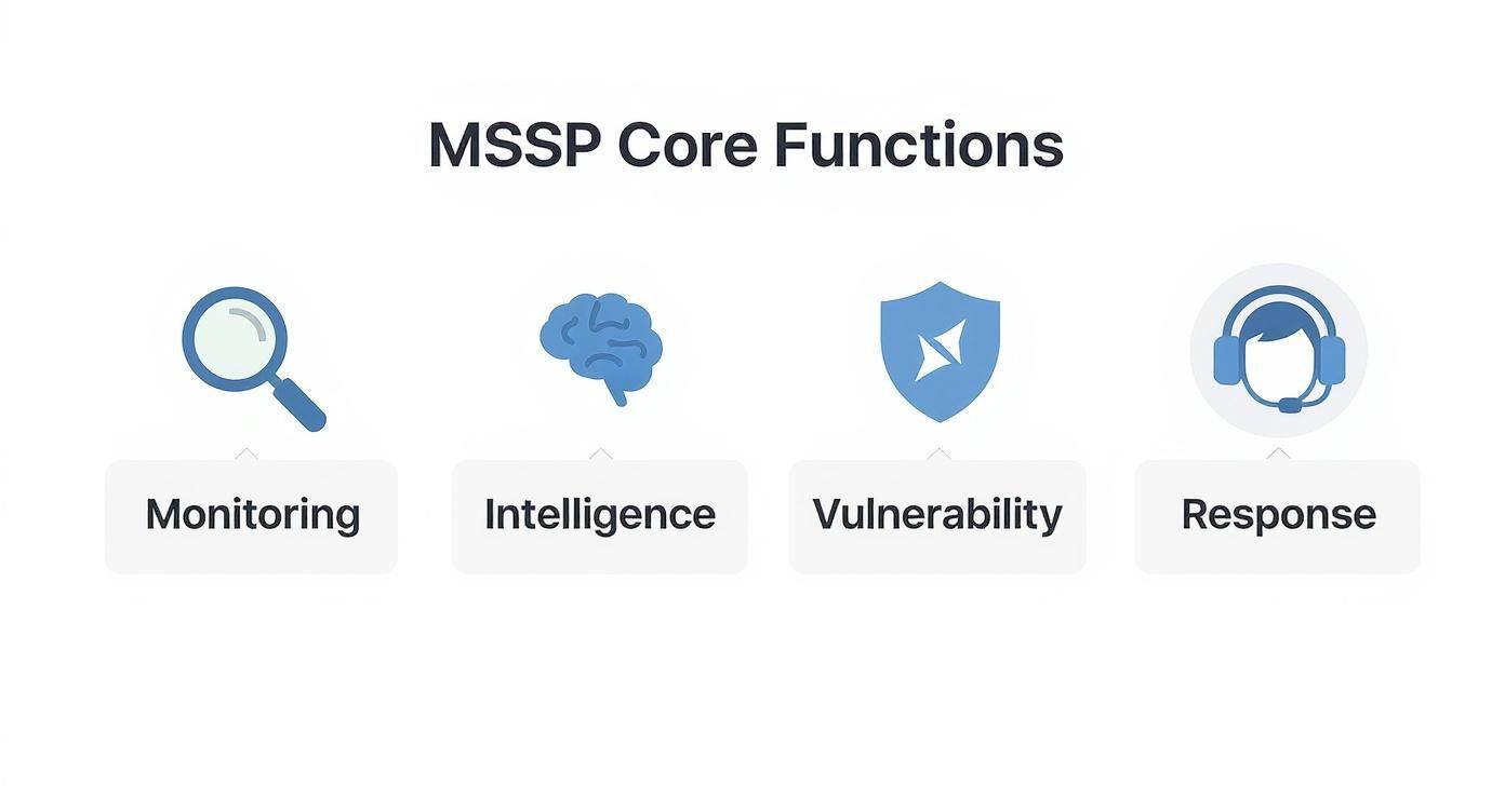 Unlocking the Benefits of Managed Security Services for Your Business 10 Infographic about managed security services benefits showing four core MSSP functions: Monitoring, Intelligence, Vulnerability, and Response.